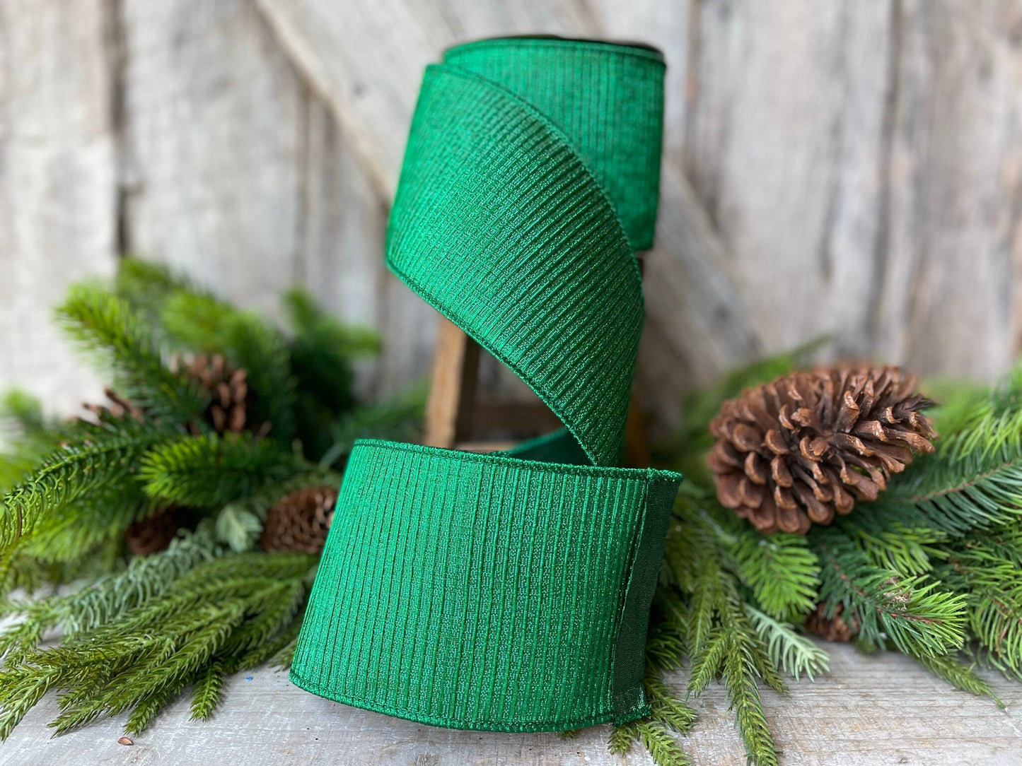 4" Emerald Green Pleated Metallic Ribbon, Farrisilk Ribbon,Wired Ribbon, Holiday Ribbon