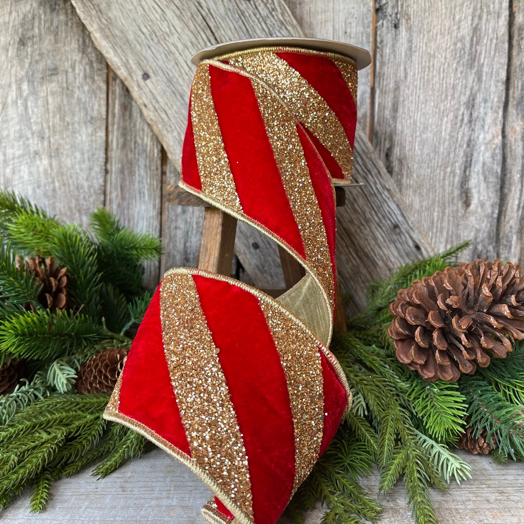 4" Red Gold Ribbon Diagonal Stripe, Christmas Tree Ribbon