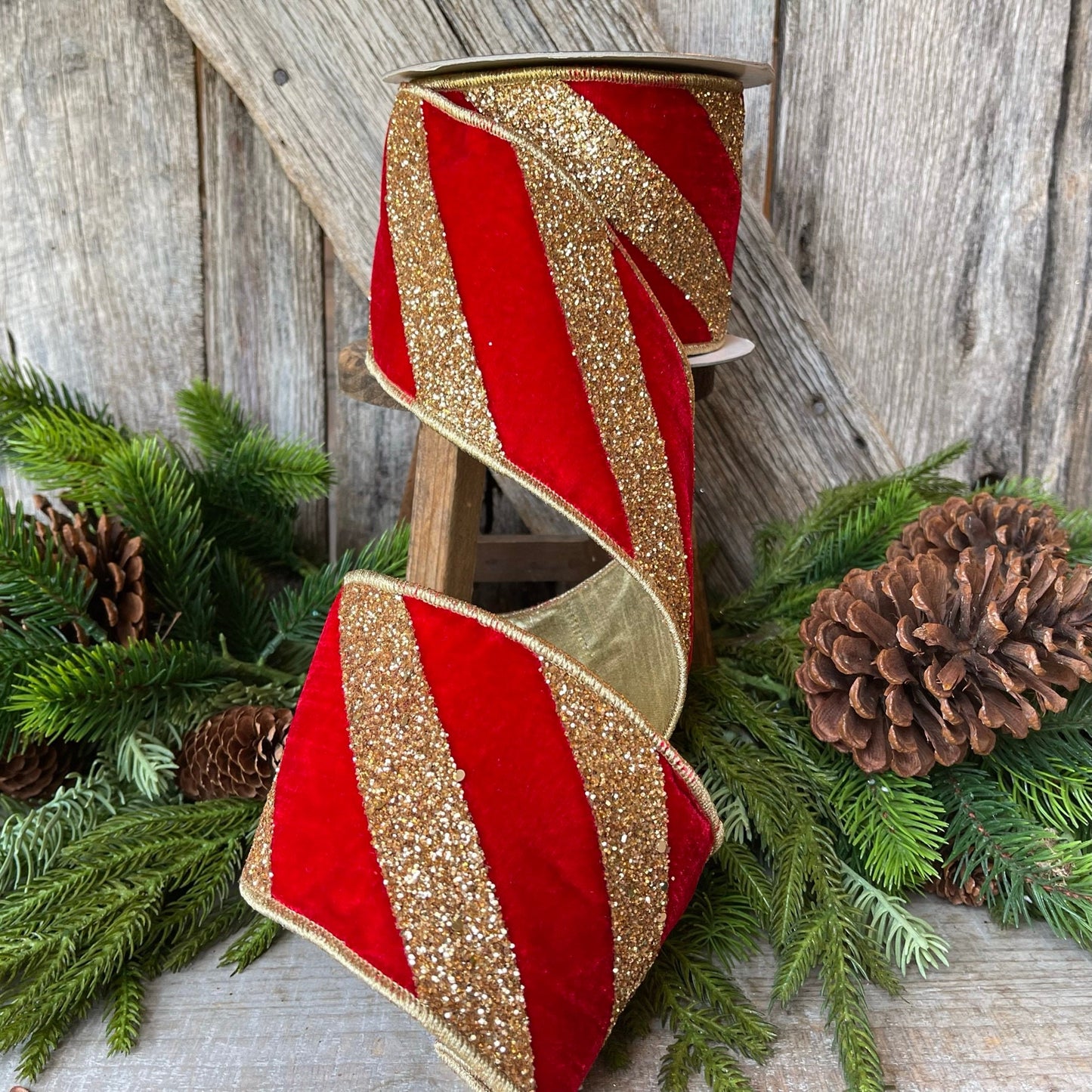 4" Red Gold Ribbon Diagonal Stripe, Christmas Tree Ribbon