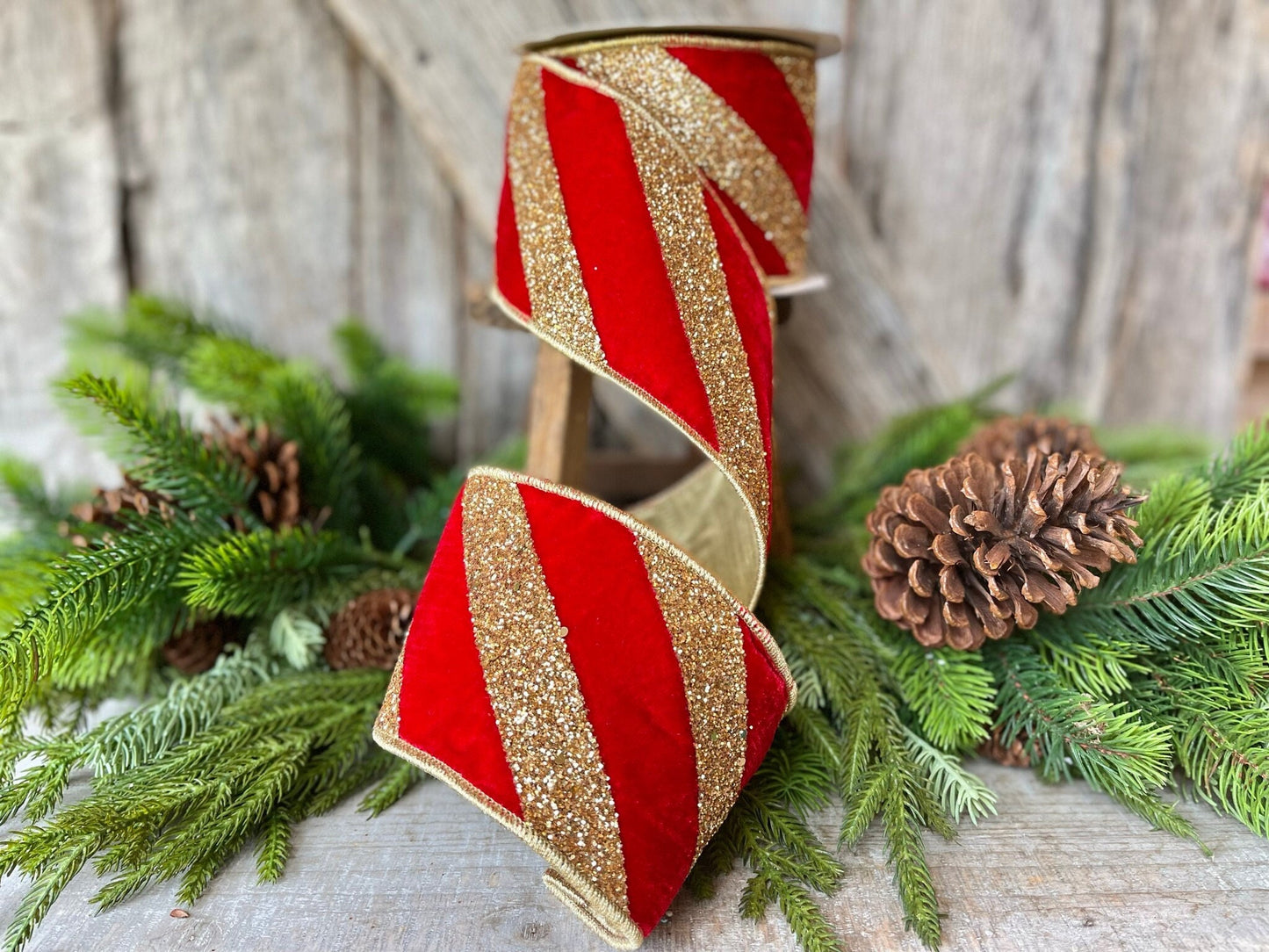 4" Red Gold Ribbon Diagonal Stripe, Christmas Tree Ribbon