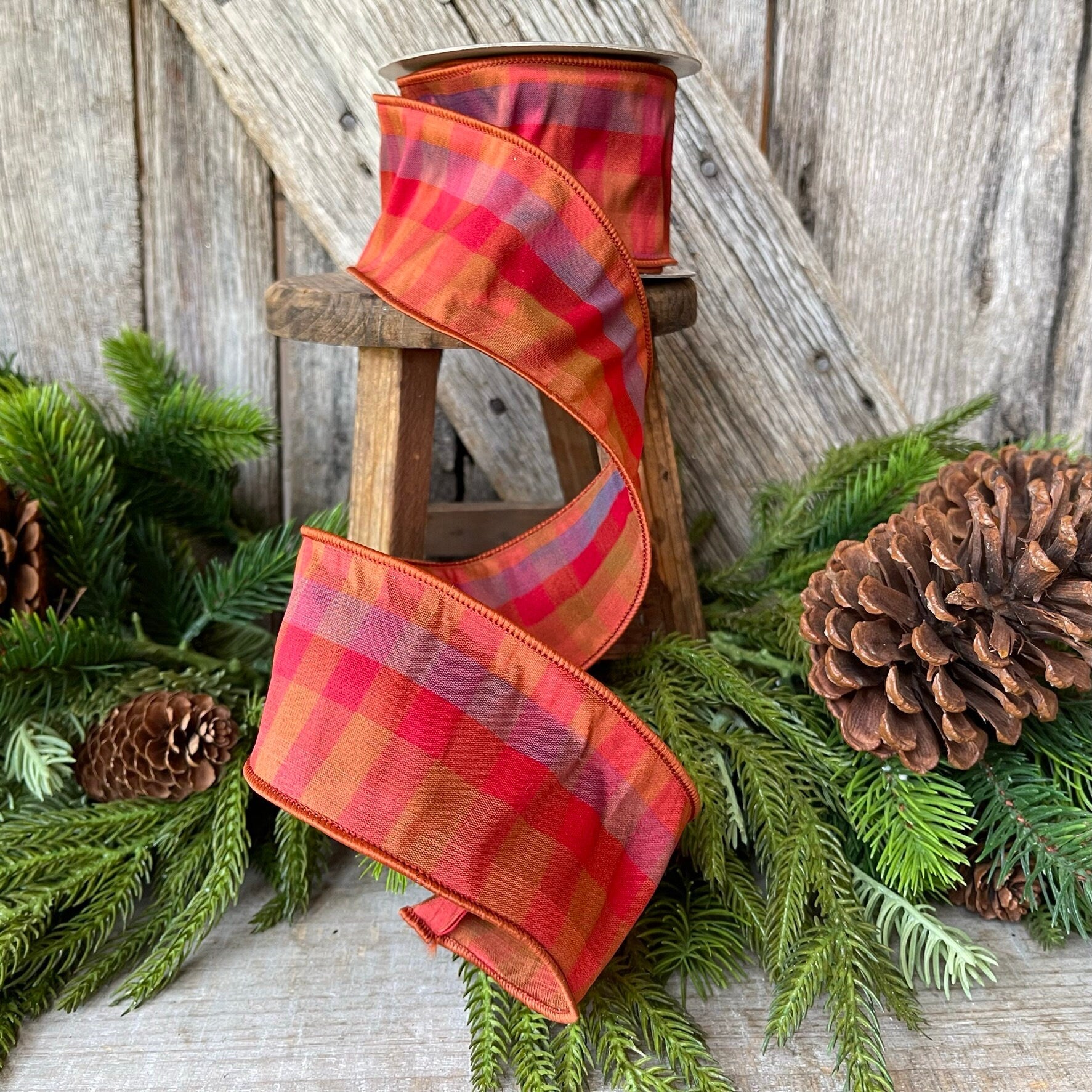 2.5" Fall Plaid Ribbon, Farisilk ribbon, Designer Ribbon