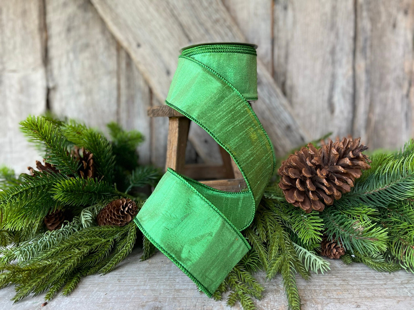 2.5" Green Luster Ribbon, Farrisilk, wired Ribbon,Wreath RIbbon