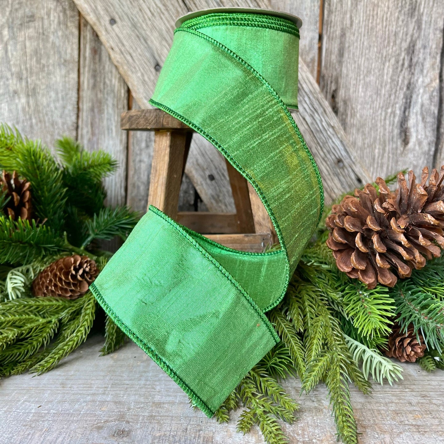 2.5" Green Luster Ribbon, Farrisilk, wired Ribbon,Wreath RIbbon