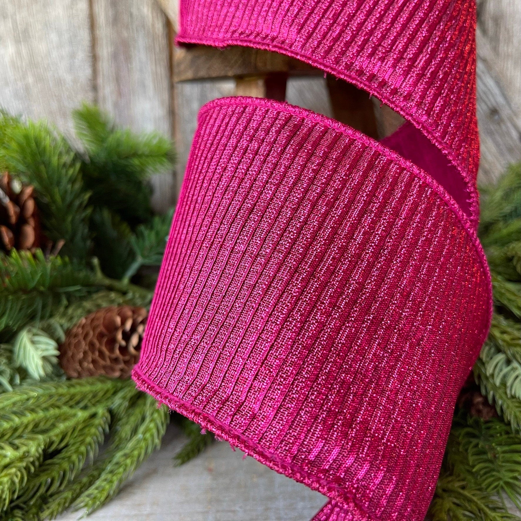 4" Hot Pink Pleated Metallic Ribbon, Fuchsia Ribbbon, Farrisilk Ribbon