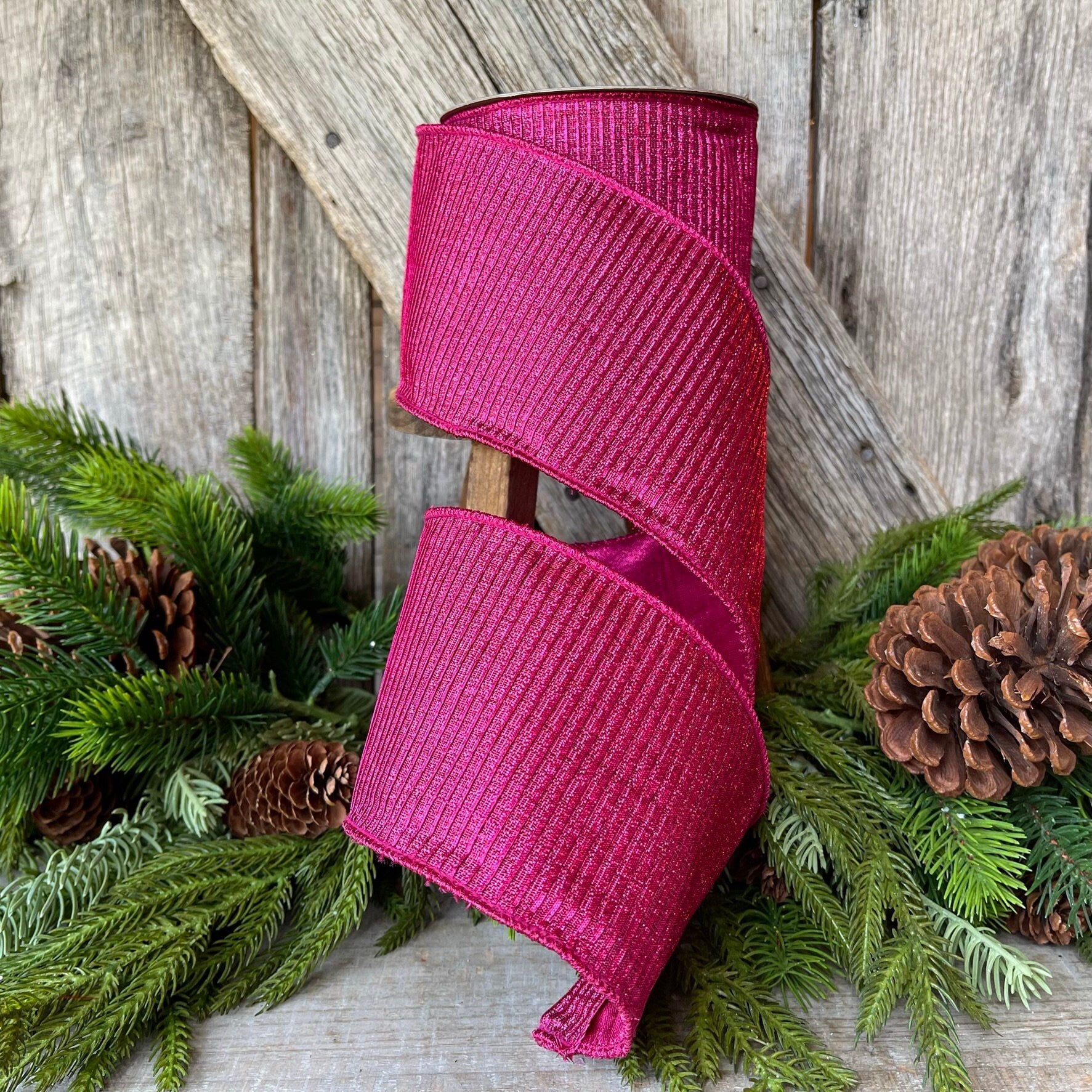 4" Hot Pink Pleated Metallic Ribbon, Fuchsia Ribbbon, Farrisilk Ribbon