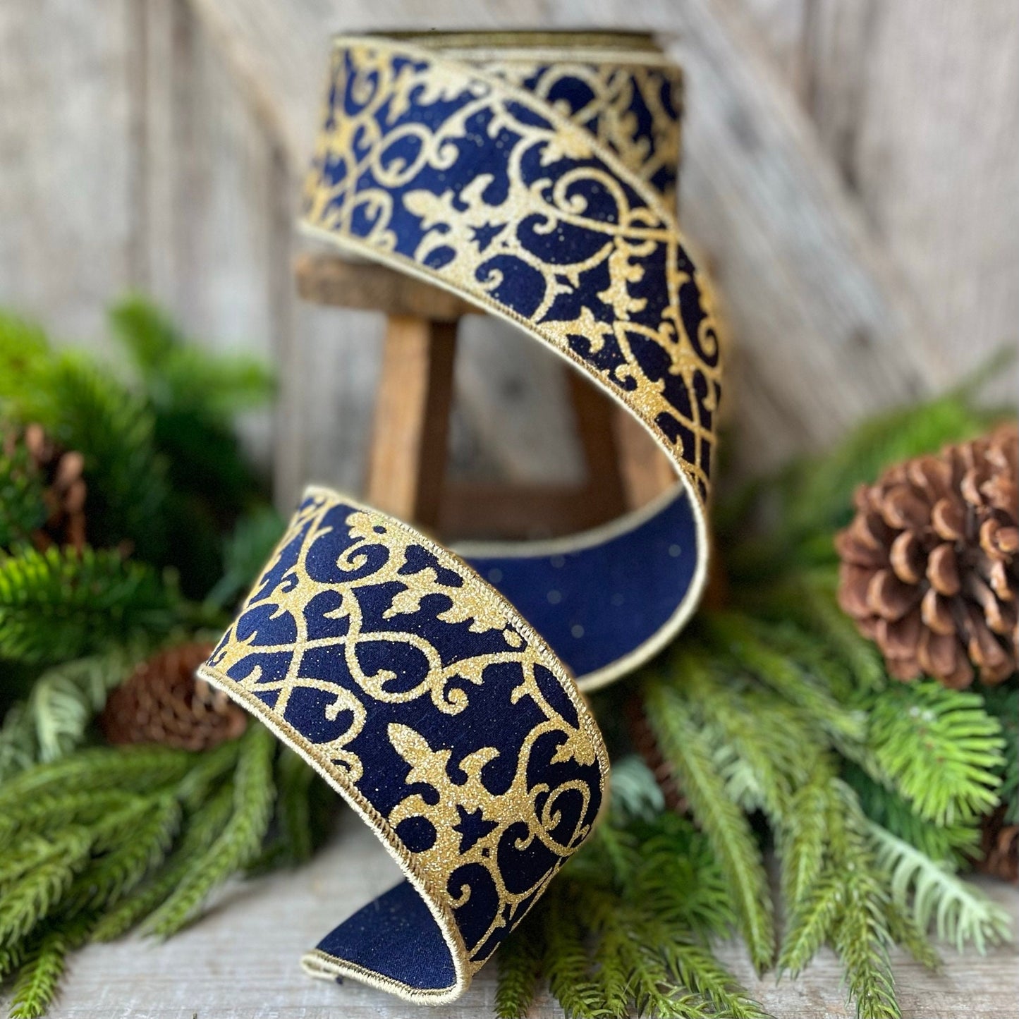 2.5" Navy Blue CASSIA ACANTHUS Ribbon, Farrisilk Ribbon, Navy Blue and Gold Ribbon