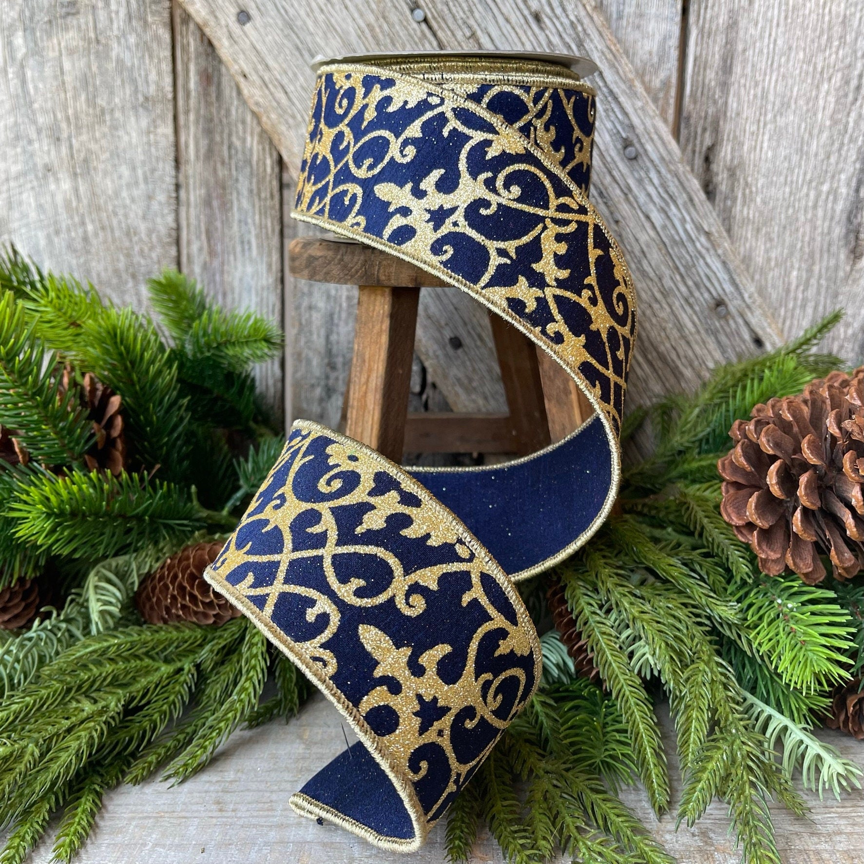 2.5" Navy Blue CASSIA ACANTHUS Ribbon, Farrisilk Ribbon, Navy Blue and Gold Ribbon