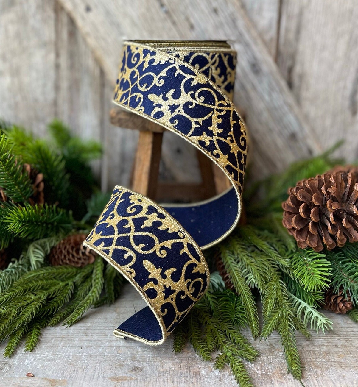 2.5" Navy Blue CASSIA ACANTHUS Ribbon, Farrisilk Ribbon, Navy Blue and Gold Ribbon