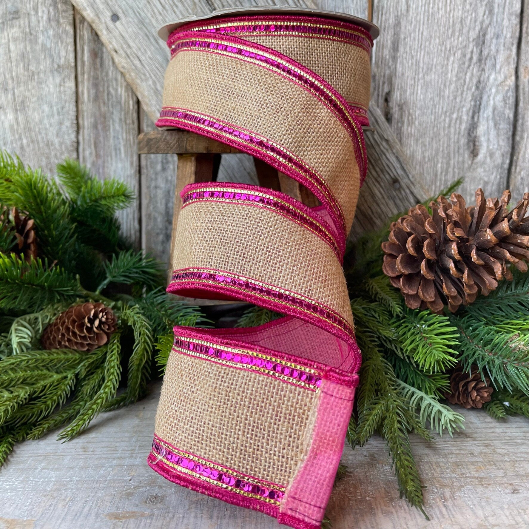 2.5" Hot Pink Fuchsia Sequin Borders Ribbon, Farrisilk Ribbon, Wired Ribbon