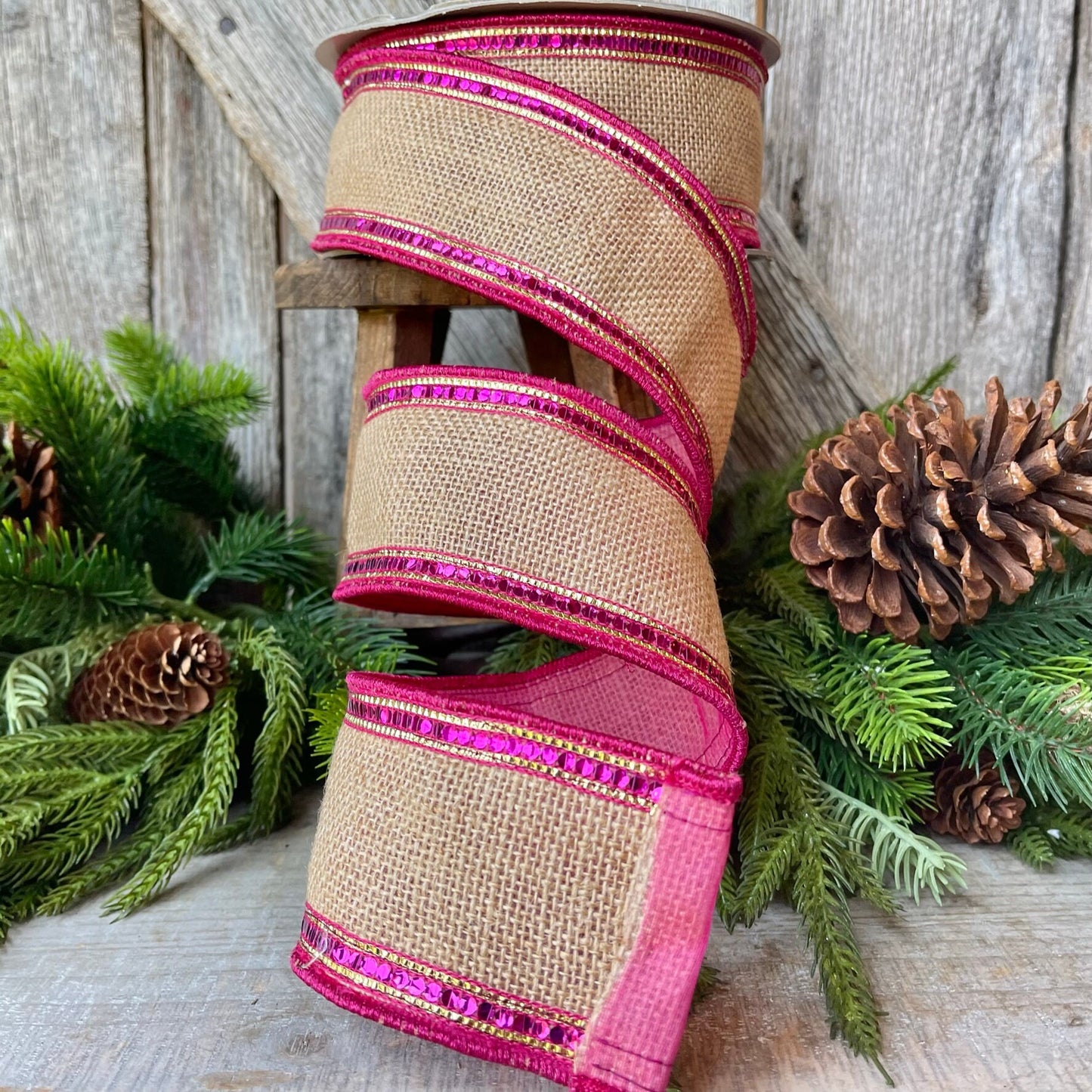 2.5" Hot Pink Fuchsia Sequin Borders Ribbon, Farrisilk Ribbon, Wired Ribbon