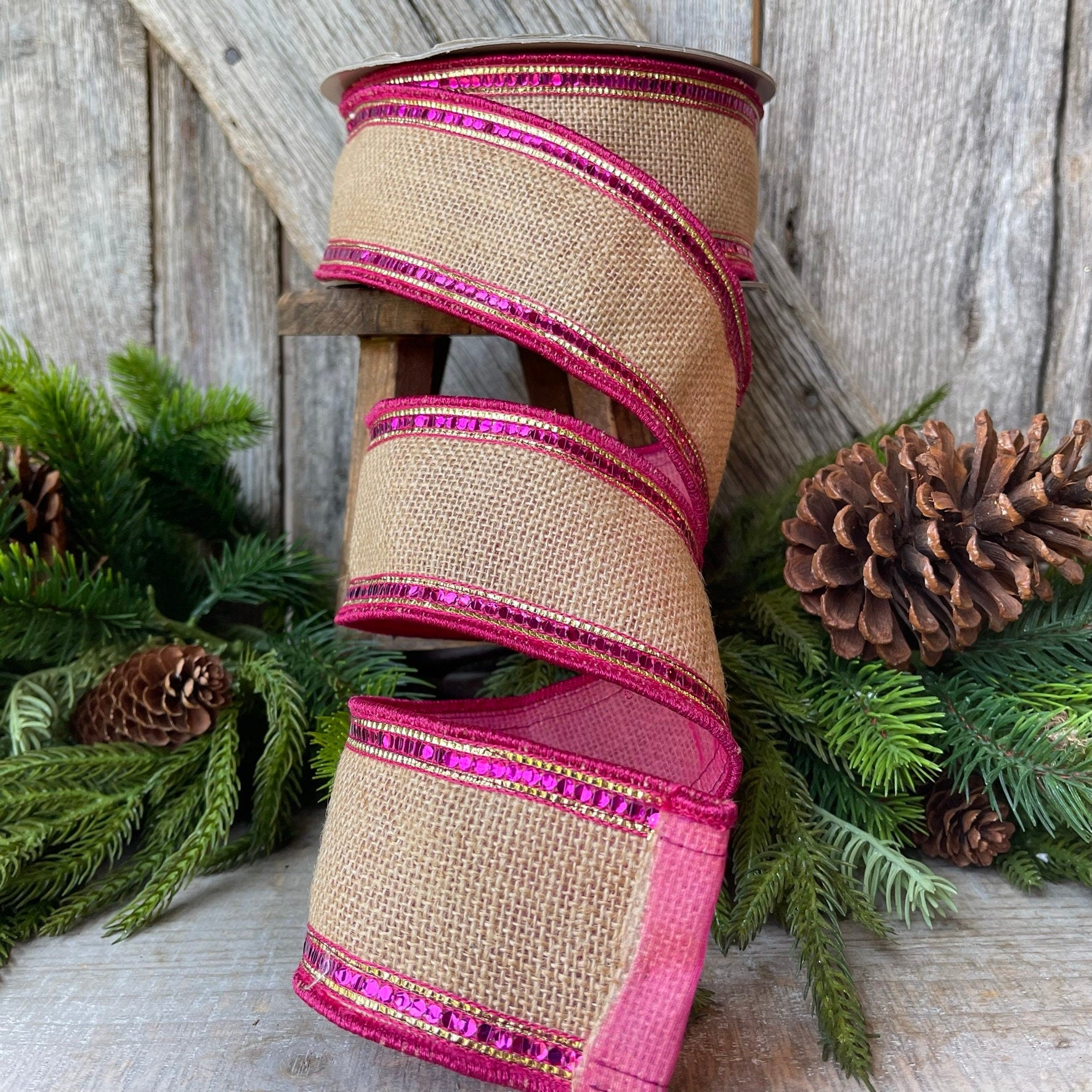 2.5" Hot Pink Fuchsia Sequin Borders Ribbon, Farrisilk Ribbon, Wired Ribbon