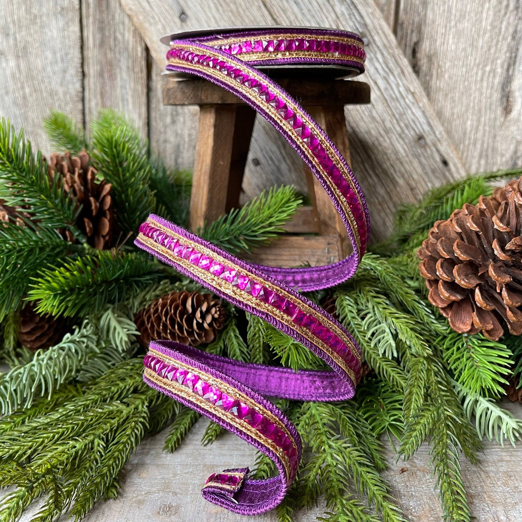 3/4" Purple Fuchsia Jeweled Ribbon, Farrisilk Ribbon