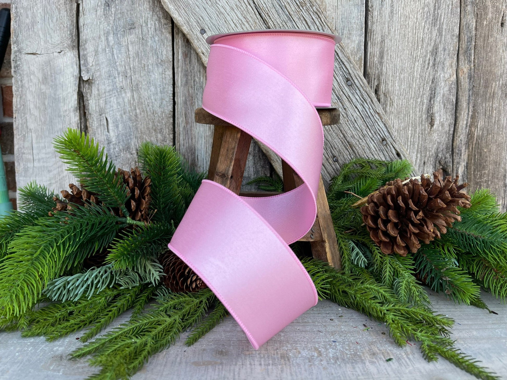 2.5" Light Pink Wired Satin Ribbon, Farrisilk Ribbon