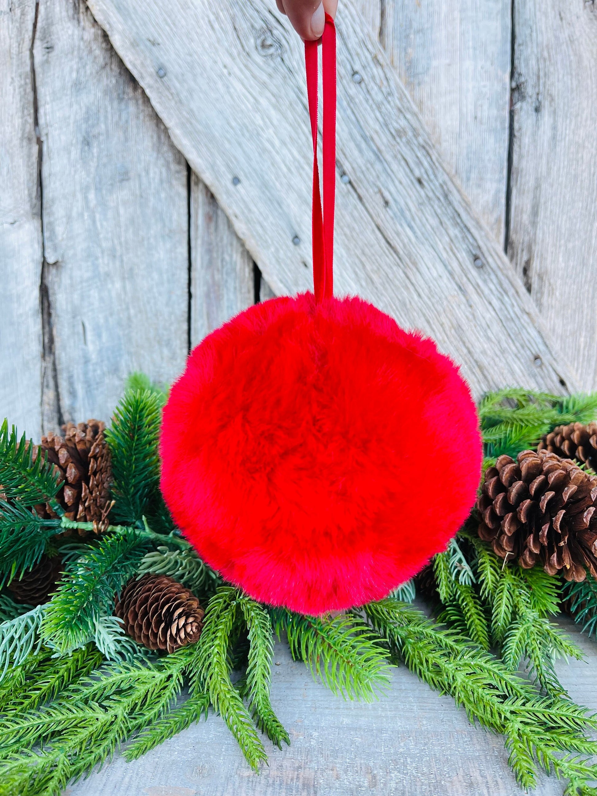 6" Red Faux Fur Christmas Ornament, Red Fuzzy Ball Ornament, Red Oranment