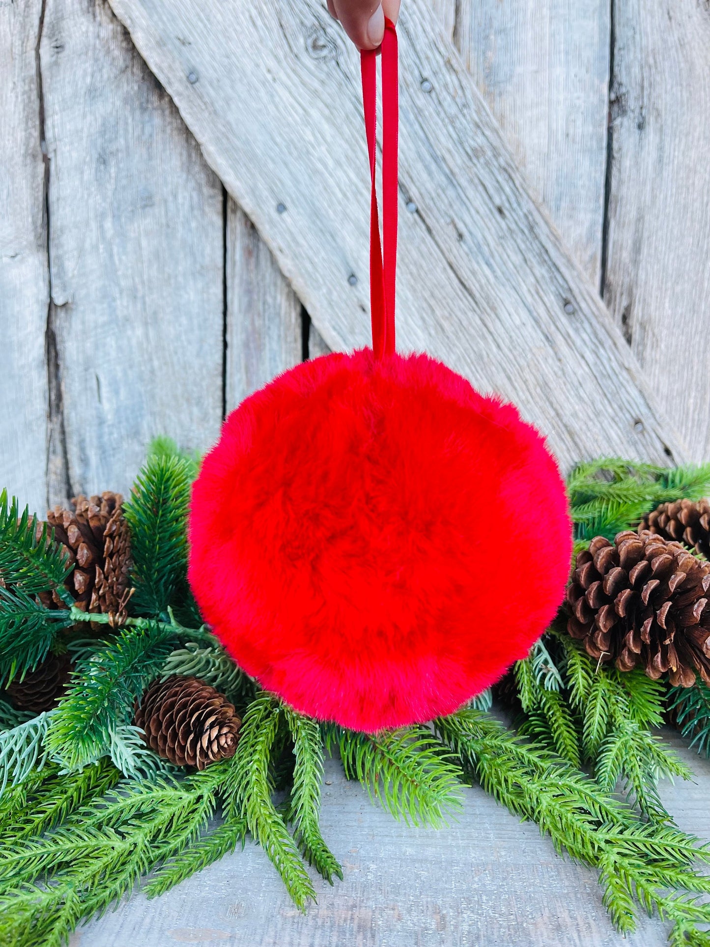 6" Red Faux Fur Christmas Ornament, Red Fuzzy Ball Ornament, Red Oranment