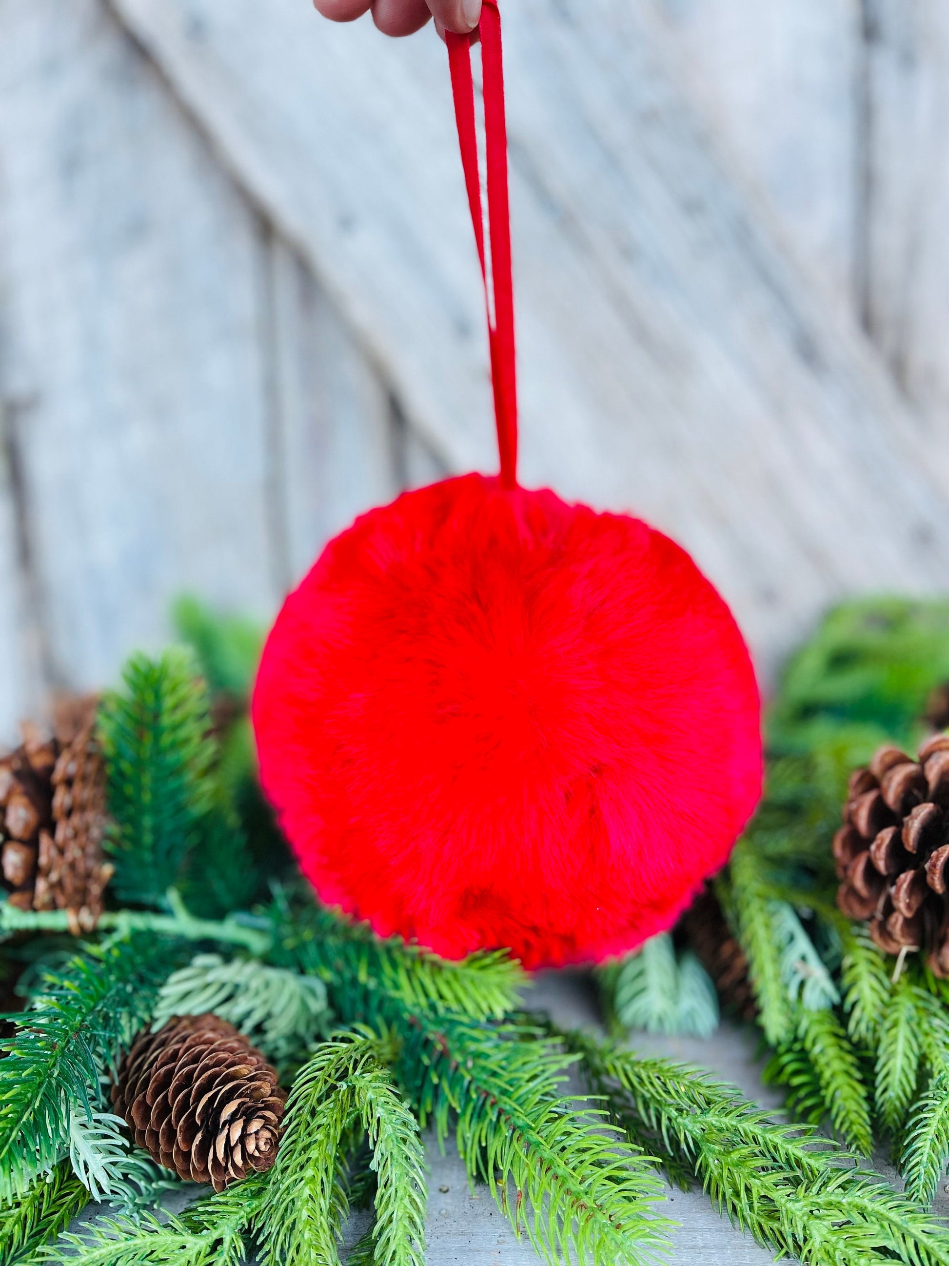 6" Red Faux Fur Christmas Ornament, Red Fuzzy Ball Ornament, Red Oranment