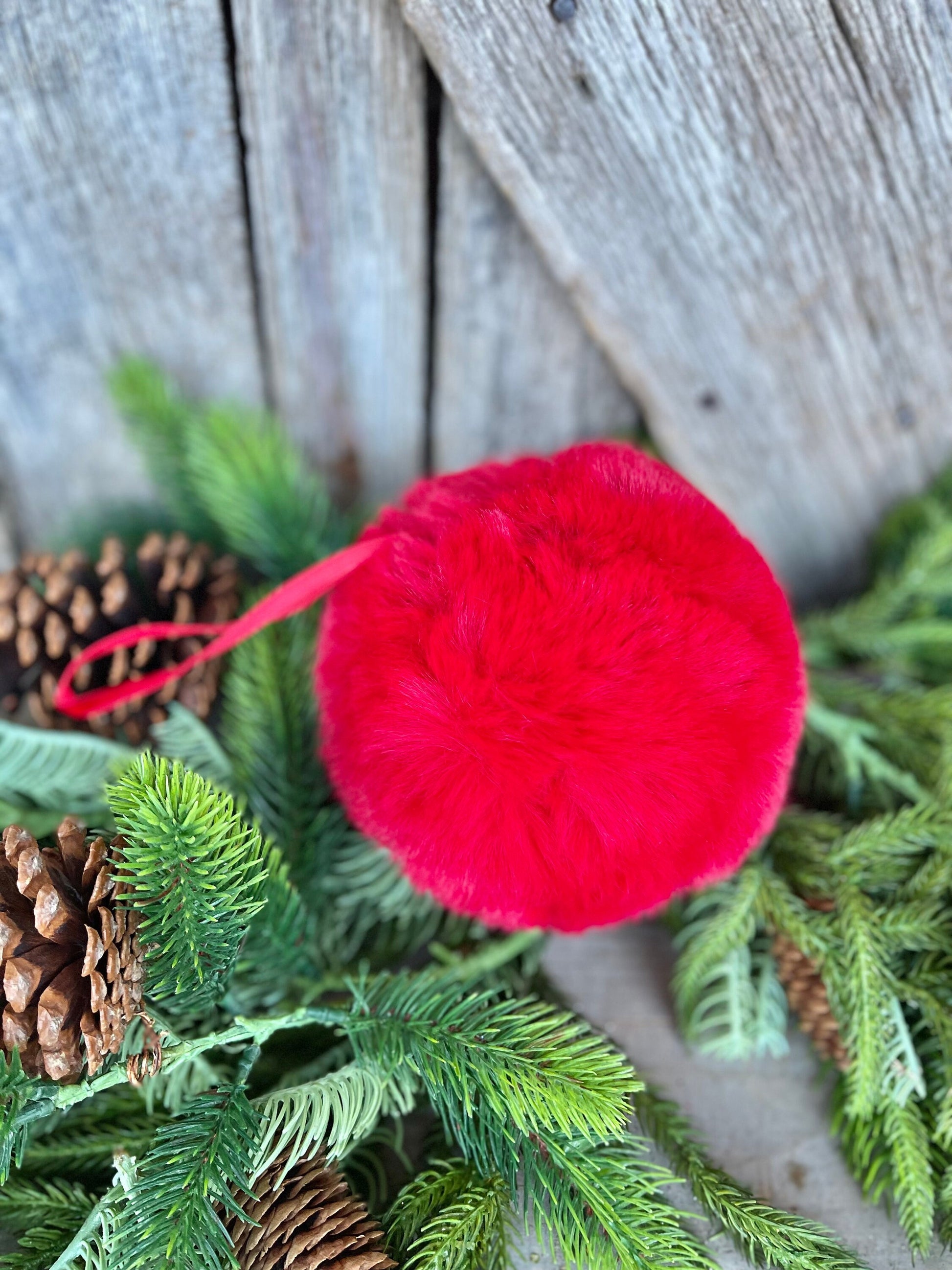 6" Red Faux Fur Christmas Ornament, Red Fuzzy Ball Ornament, Red Oranment