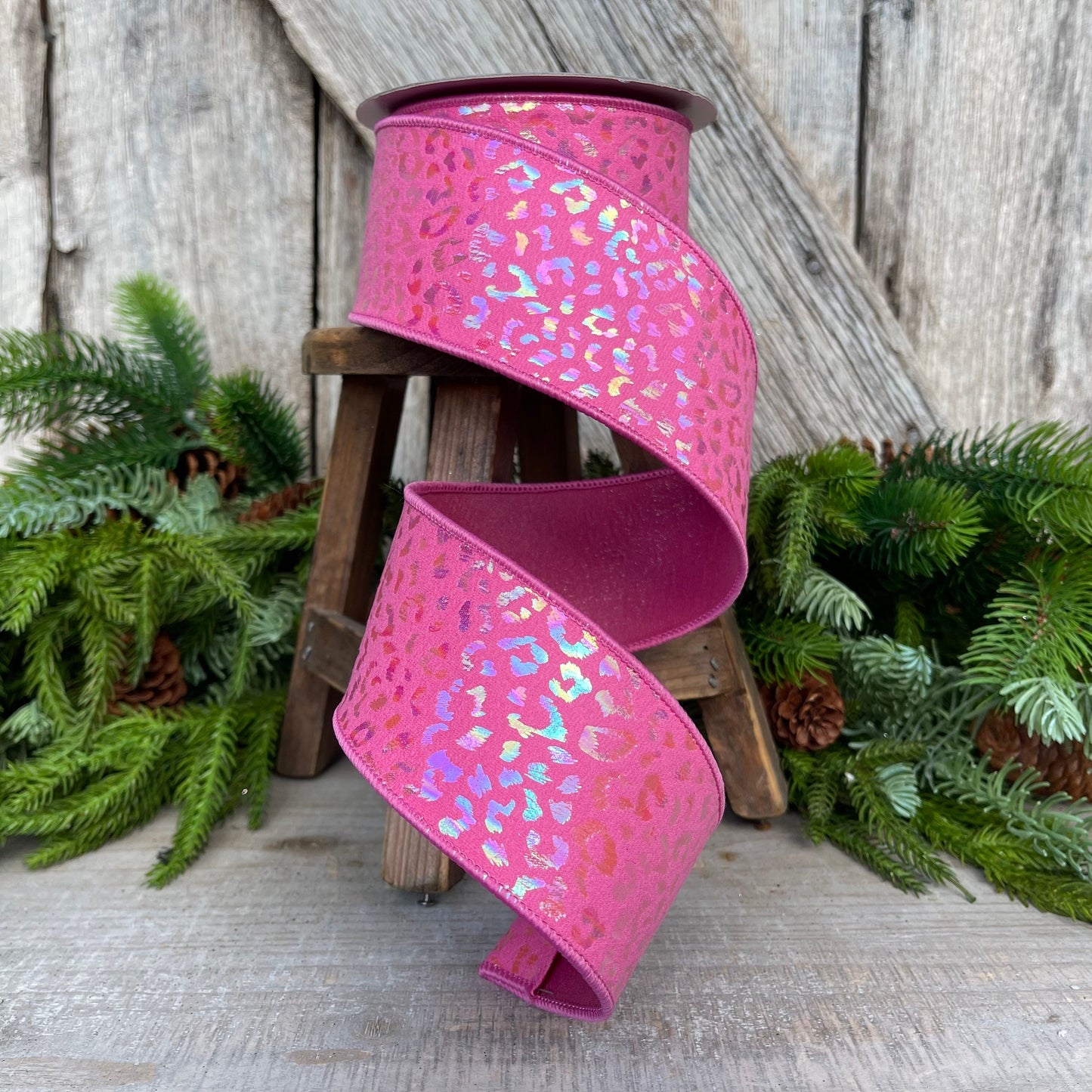 2.5" Pink IRIDESCENT CHEETAH, Farrisilk Ribbon, Wired Ribbon