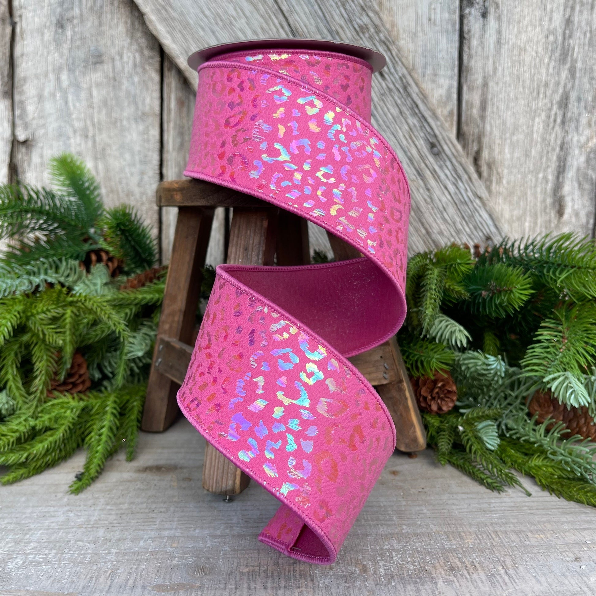 2.5" Pink IRIDESCENT CHEETAH, Farrisilk Ribbon, Wired Ribbon