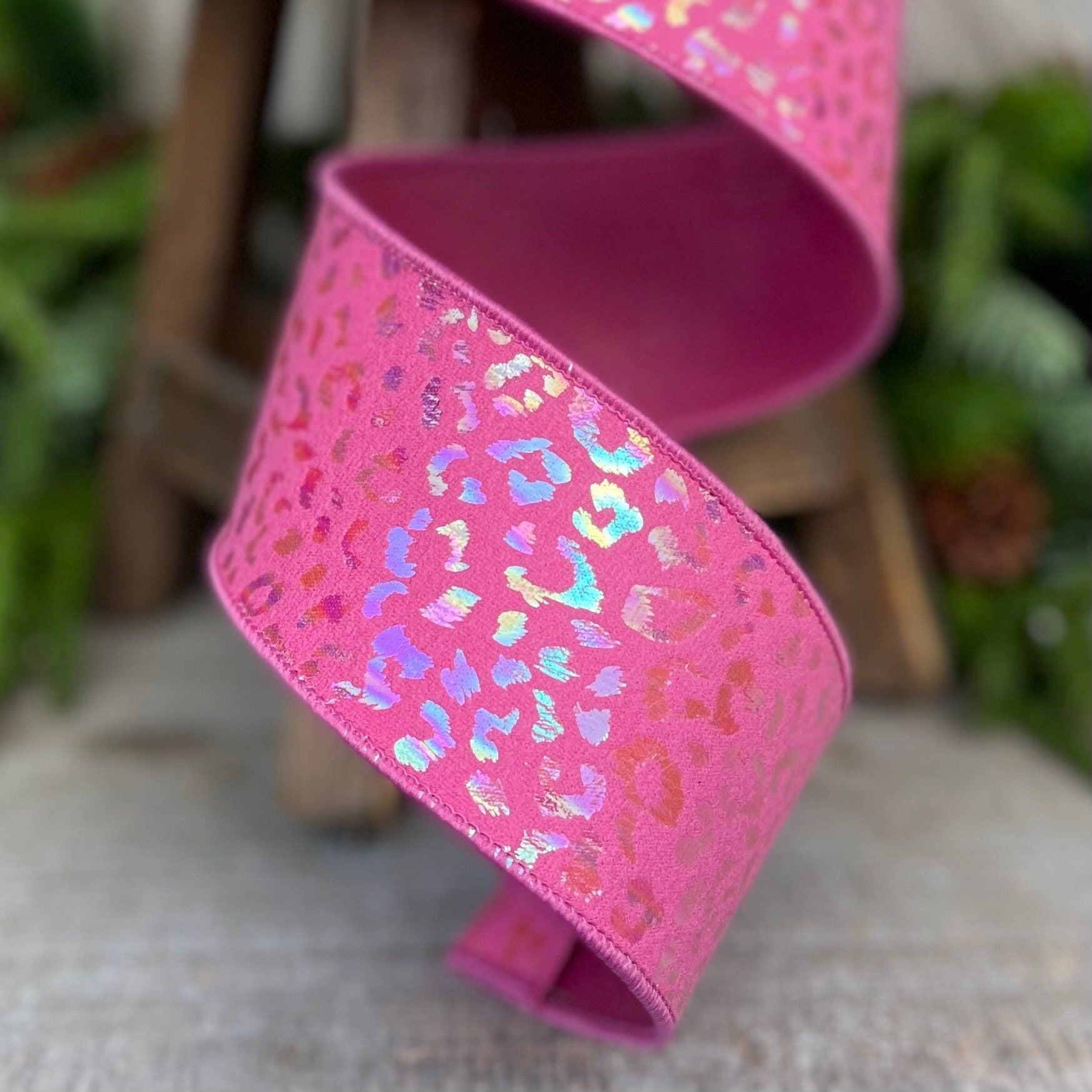 2.5" Pink IRIDESCENT CHEETAH, Farrisilk Ribbon, Wired Ribbon