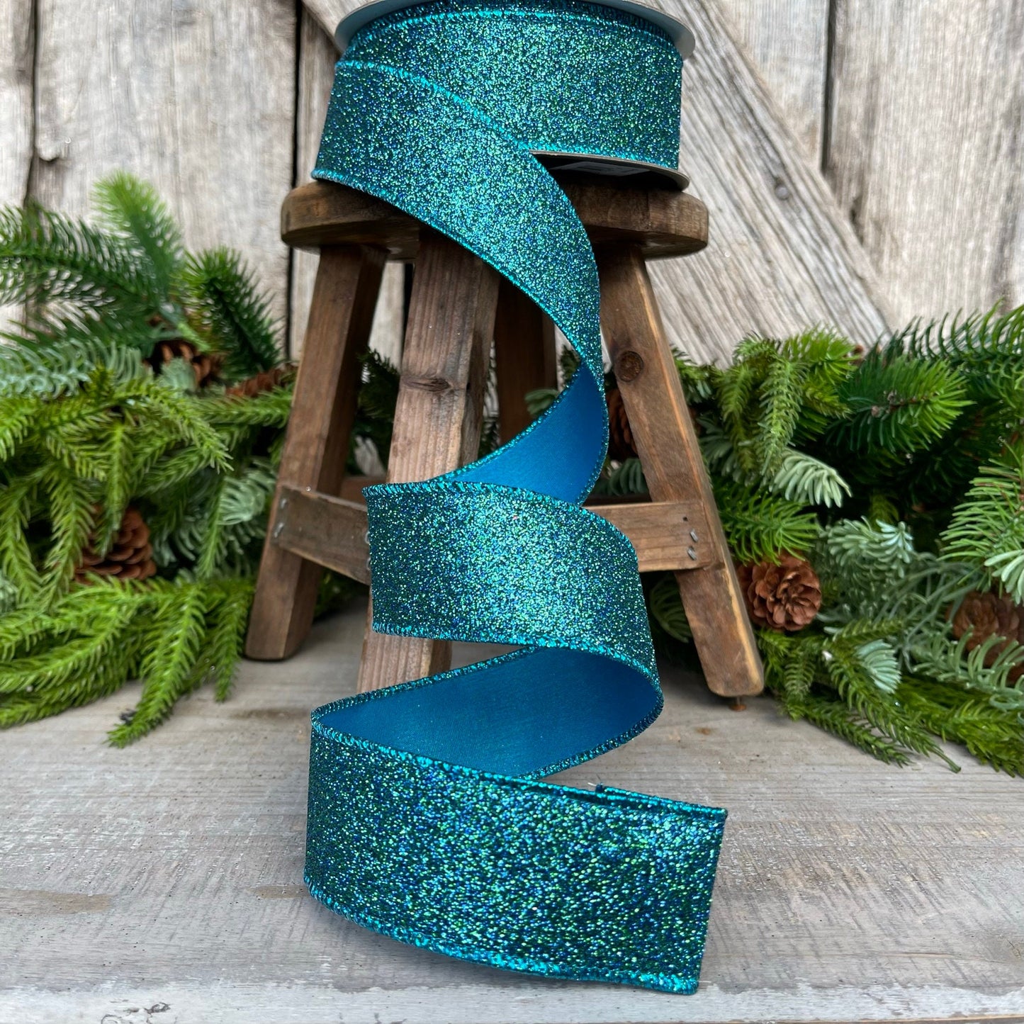 1.5" Peacock Turquoise Ribbon, Farrisilk Ribbon, Diamond DUst Ribbon