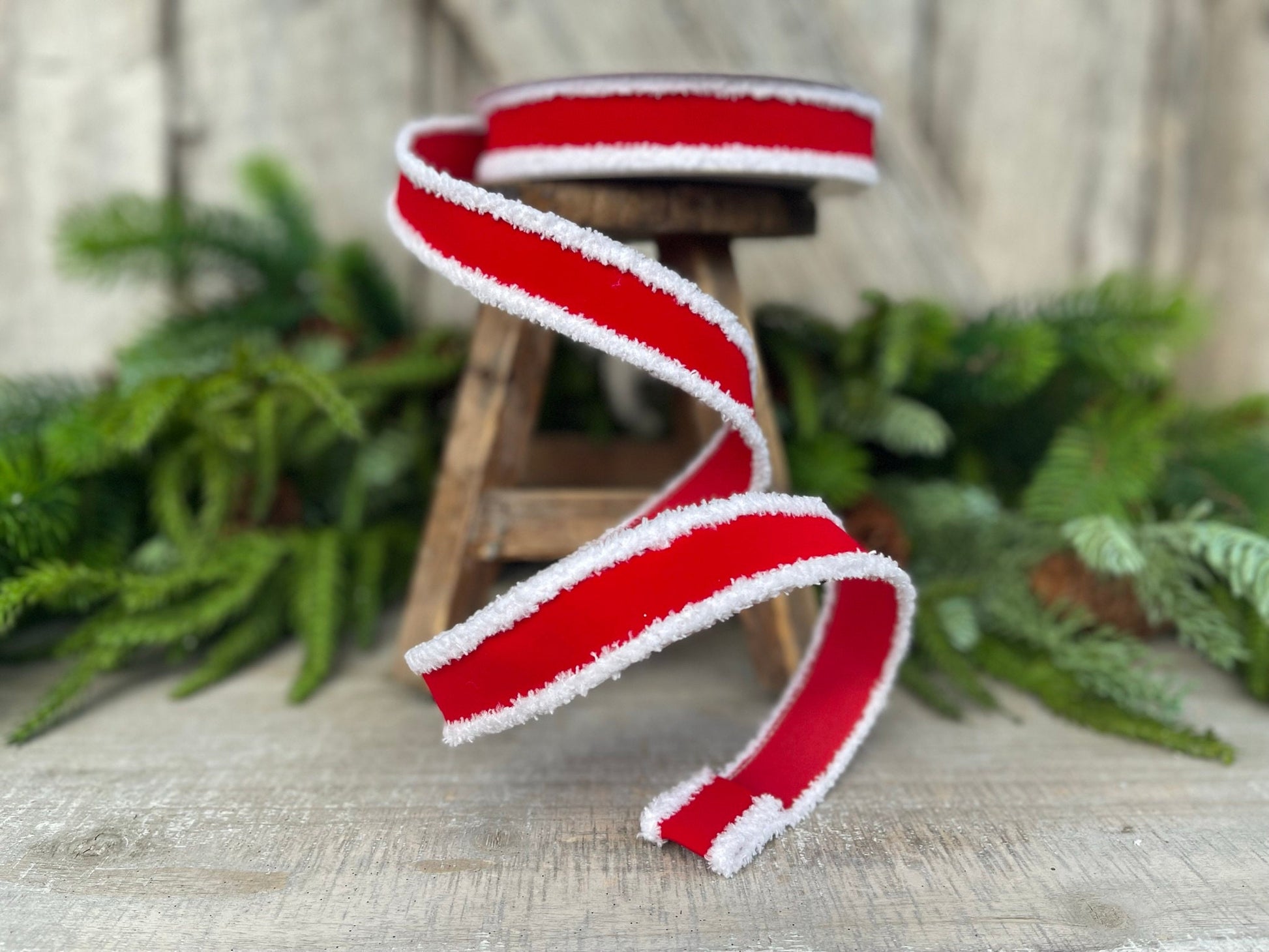 1" Santa Trim Wired RIbbon, Farrisilk Ribbon, White Furry Trim