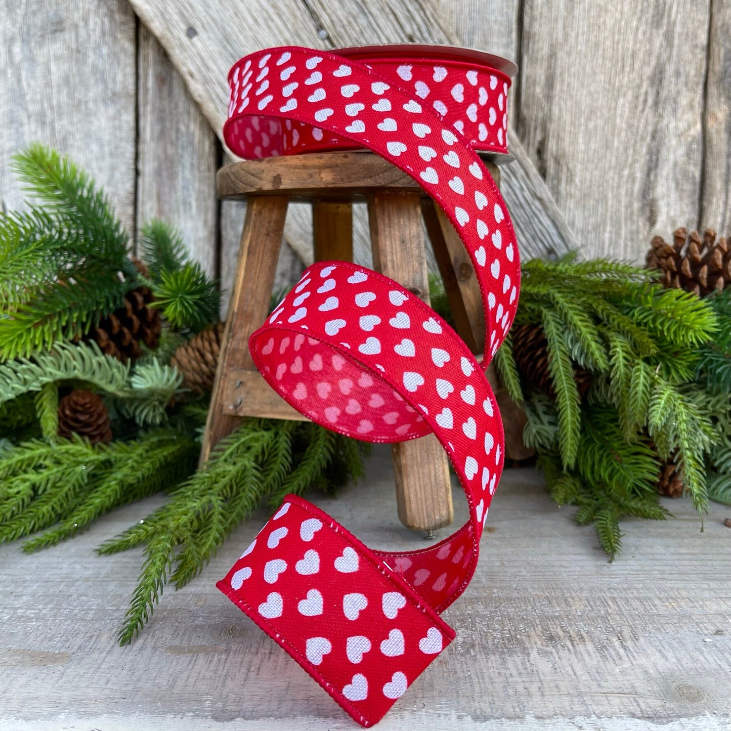 1.5" Mini Hearts Ribbon, Farrisilk Ribbon, Red and White Heart Ribbon