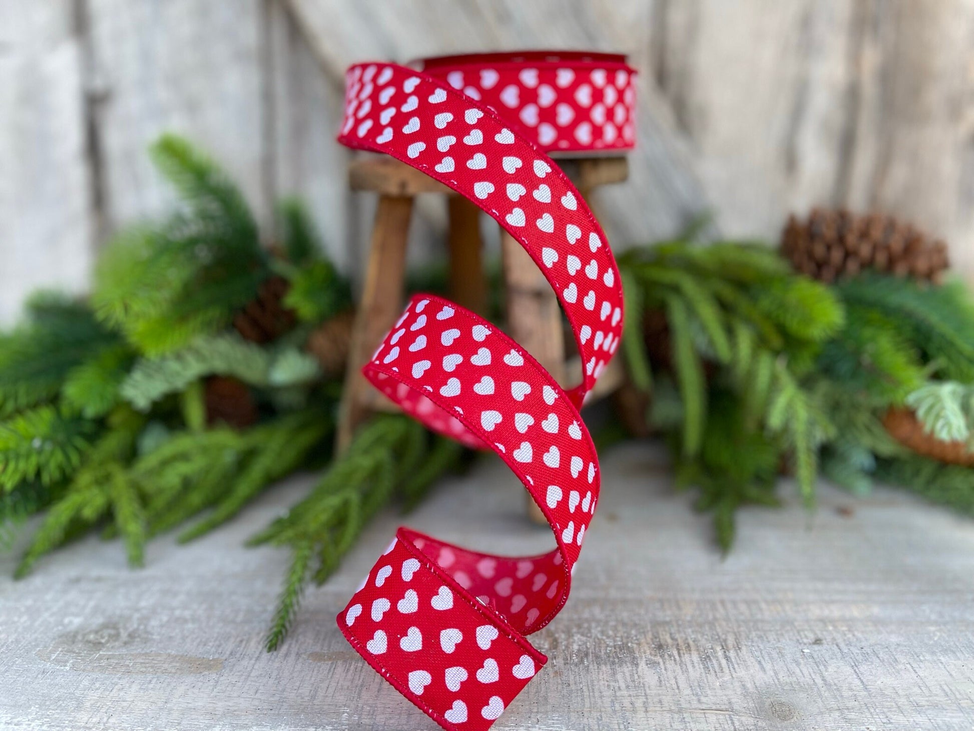 1.5" Mini Hearts Ribbon, Farrisilk Ribbon, Red and White Heart Ribbon