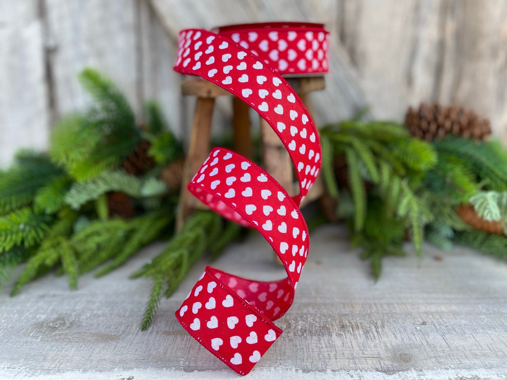 1.5" Mini Hearts Ribbon, Farrisilk Ribbon, Red and White Heart Ribbon