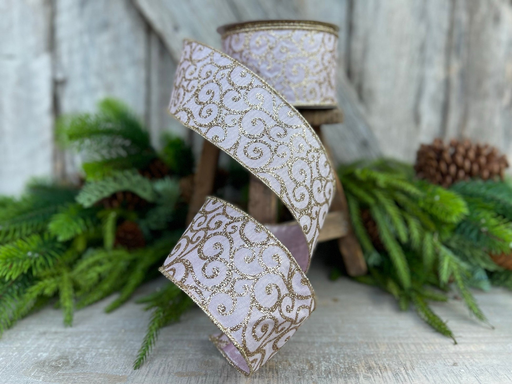 2.5" Light Pink Glitzy Scroll Ribbon, Farrisilk Ribbon, Pink and Gold Ribbon