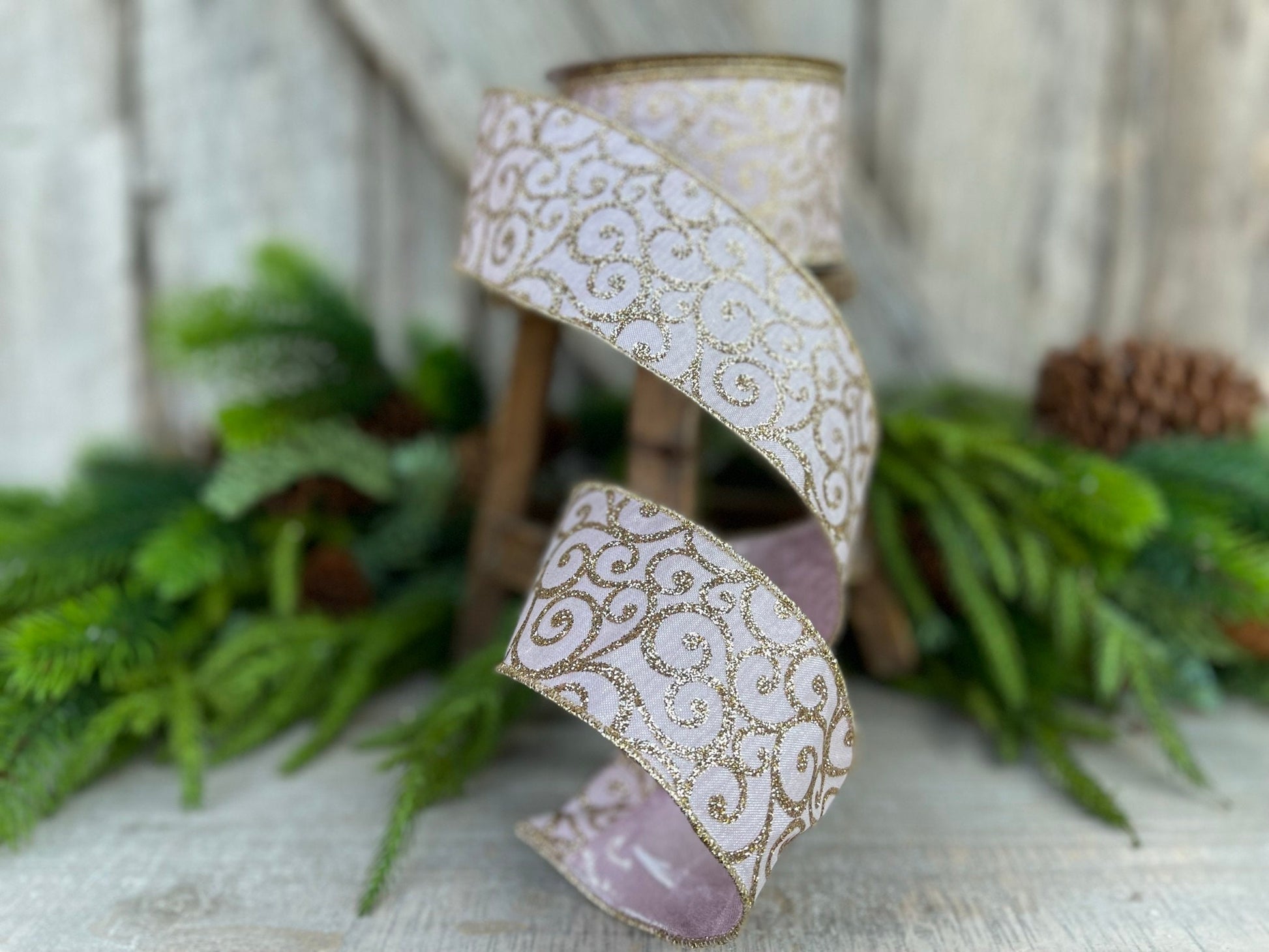 2.5" Light Pink Glitzy Scroll Ribbon, Farrisilk Ribbon, Pink and Gold Ribbon