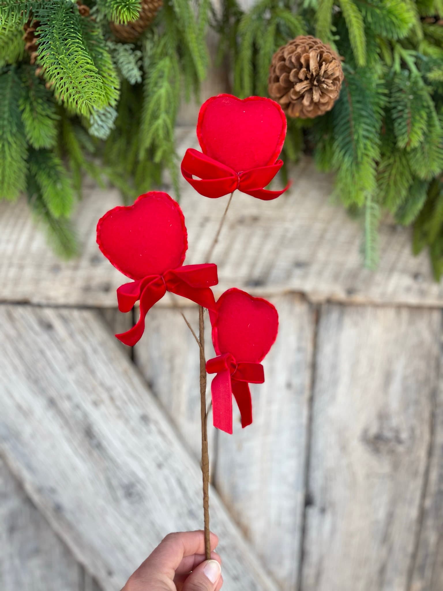 21" FELT HEART PICK, Red Heart Spray, Valentine Spray