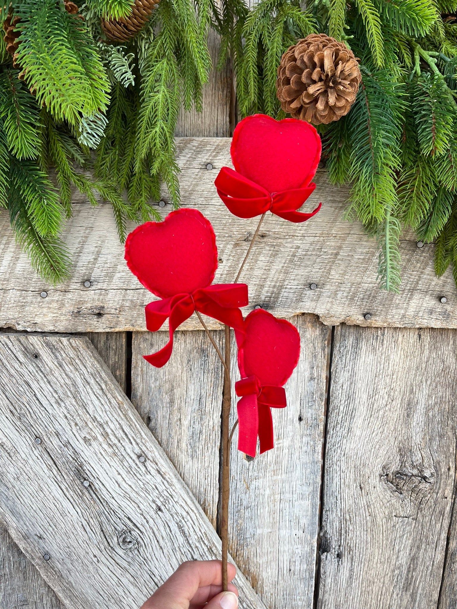 21" FELT HEART PICK, Red Heart Spray, Valentine Spray