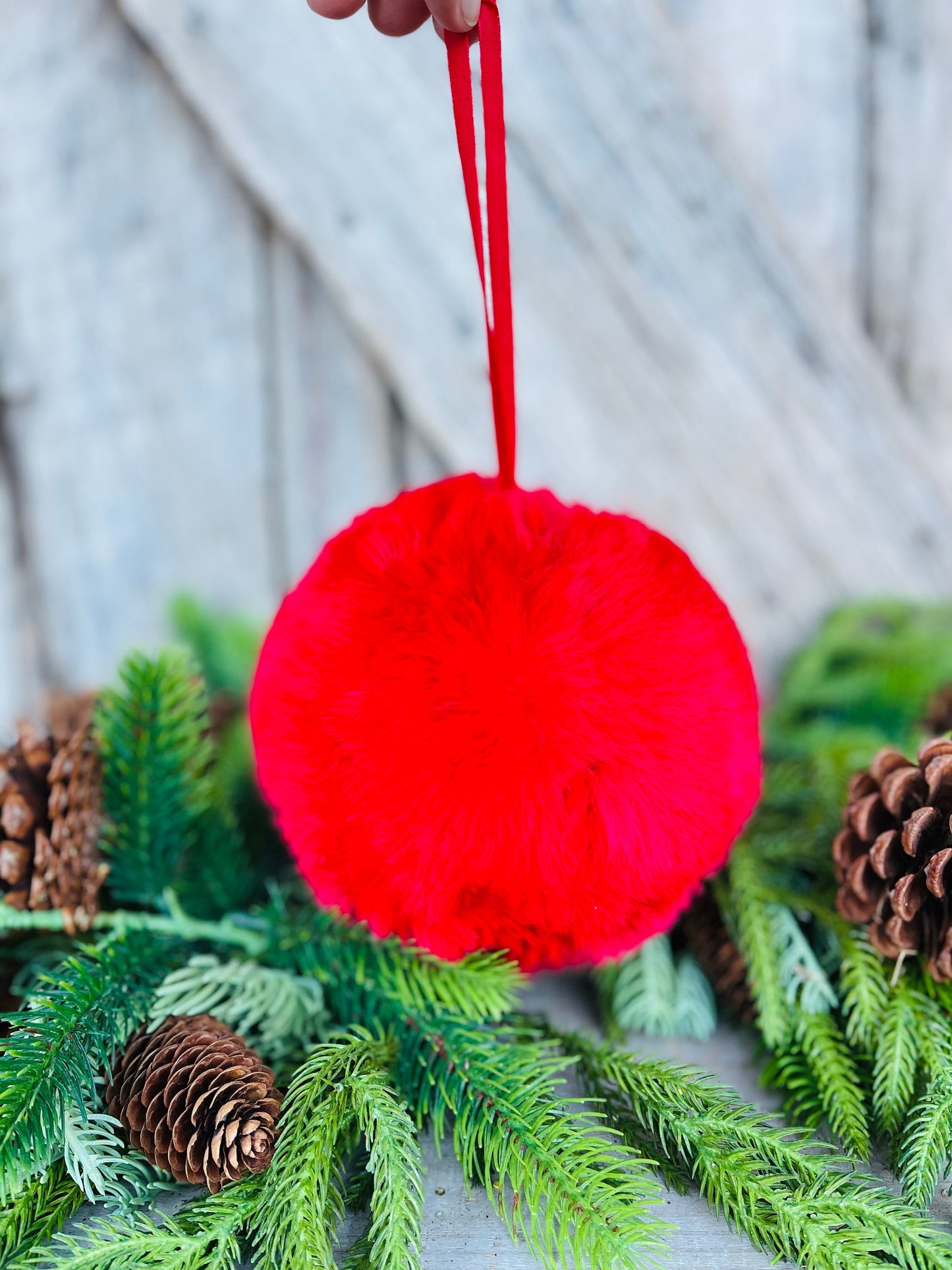 6" Red Faux Fur Christmas Ornament, Red Fuzzy Ball Ornament, Red Oranment