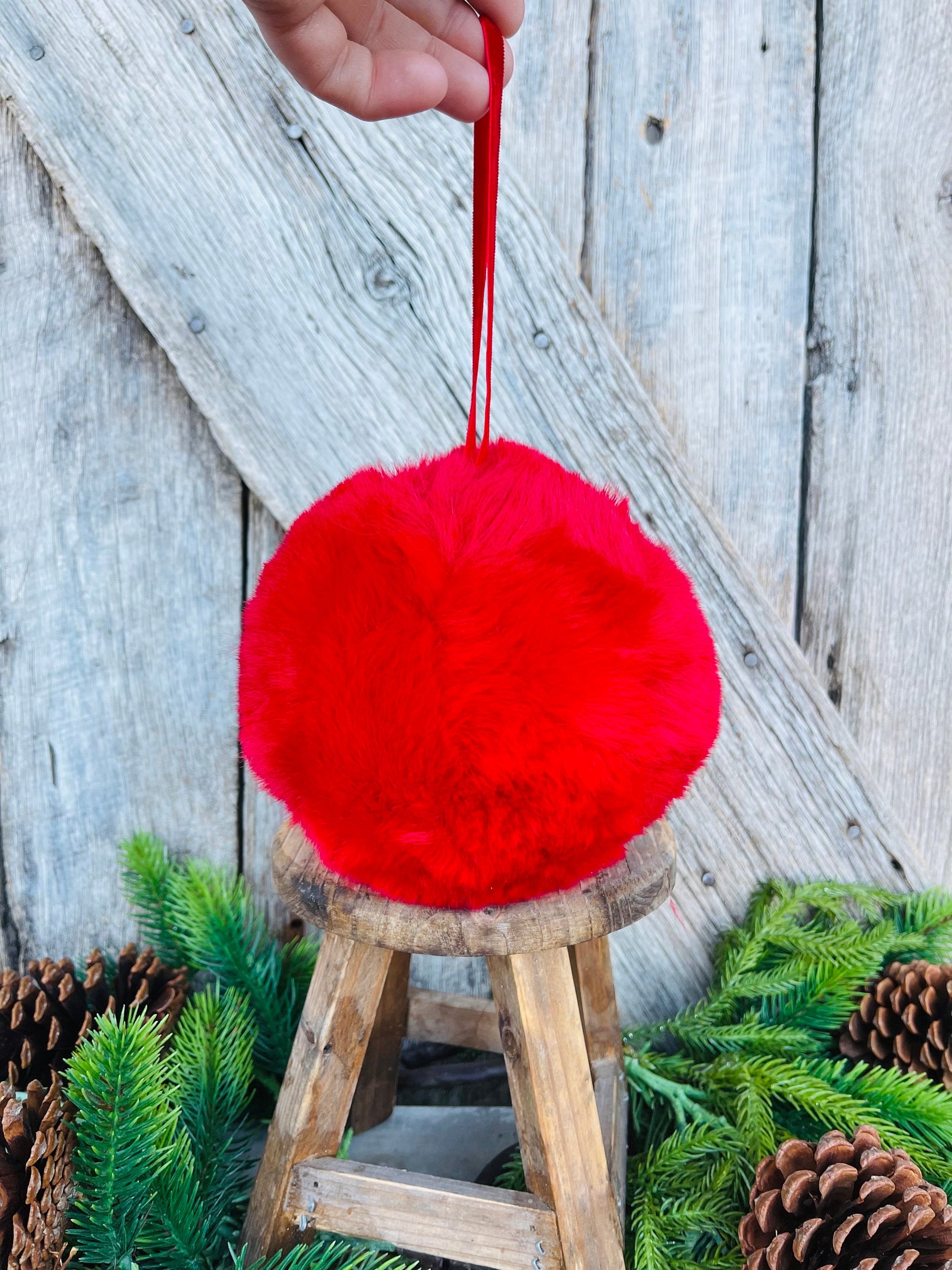 6" Red Faux Fur Christmas Ornament, Red Fuzzy Ball Ornament, Red Oranment