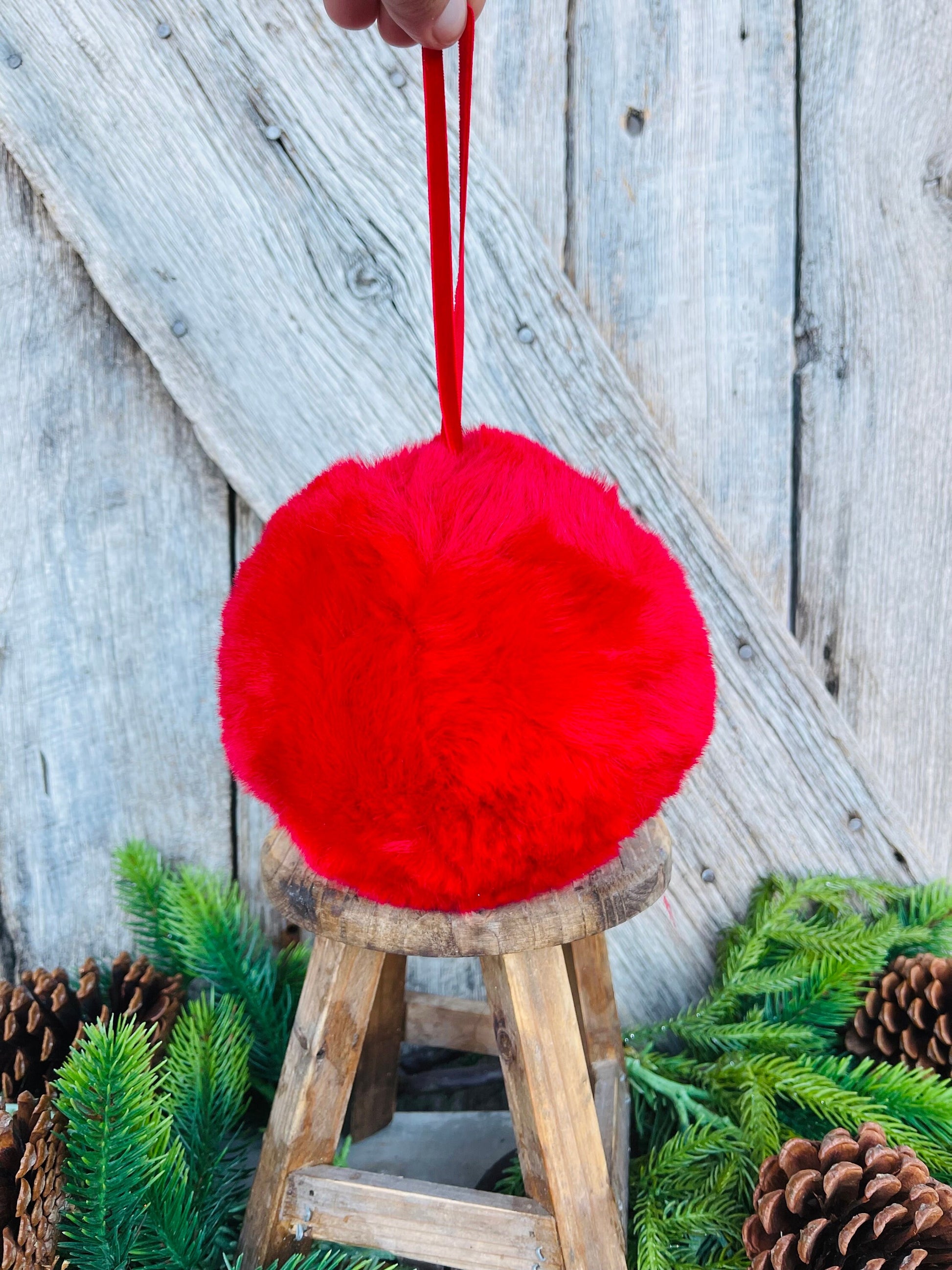 6" Red Faux Fur Christmas Ornament, Red Fuzzy Ball Ornament, Red Oranment