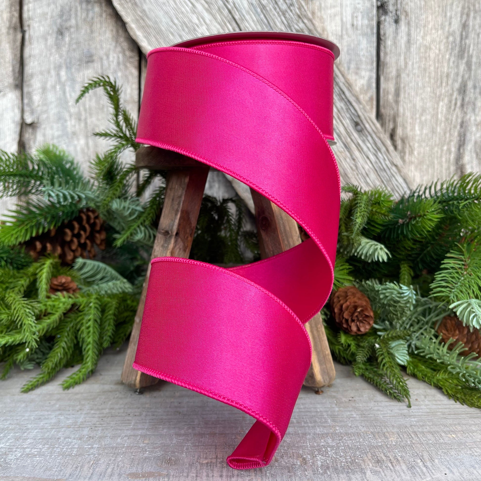 2.5" Hot Pink Wired Satin Ribbon, Farrisilk Ribbon