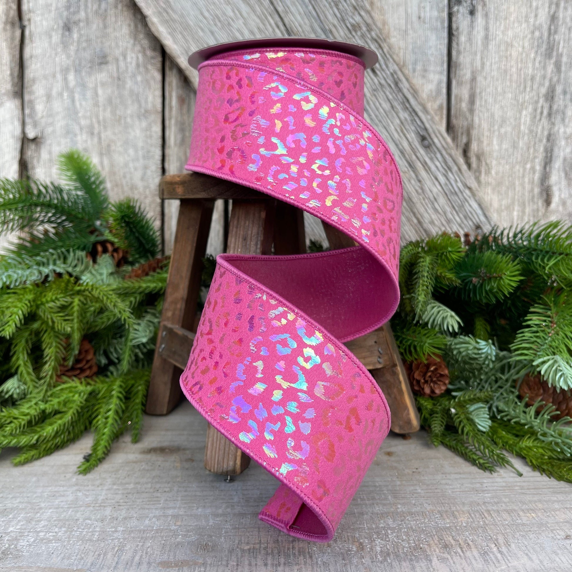 2.5" Pink IRIDESCENT CHEETAH, Farrisilk Ribbon, Wired Ribbon