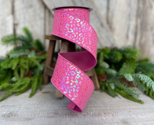 2.5" Pink IRIDESCENT CHEETAH, Farrisilk Ribbon, Wired Ribbon