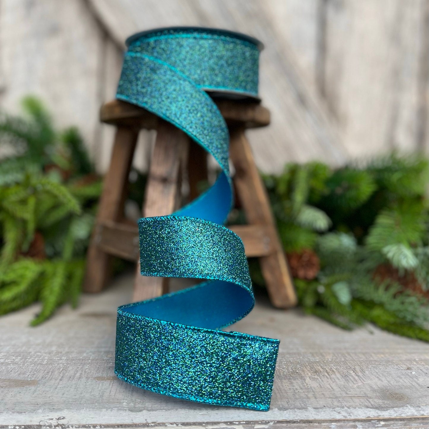 1.5" Peacock Turquoise Ribbon, Farrisilk Ribbon, Diamond DUst Ribbon