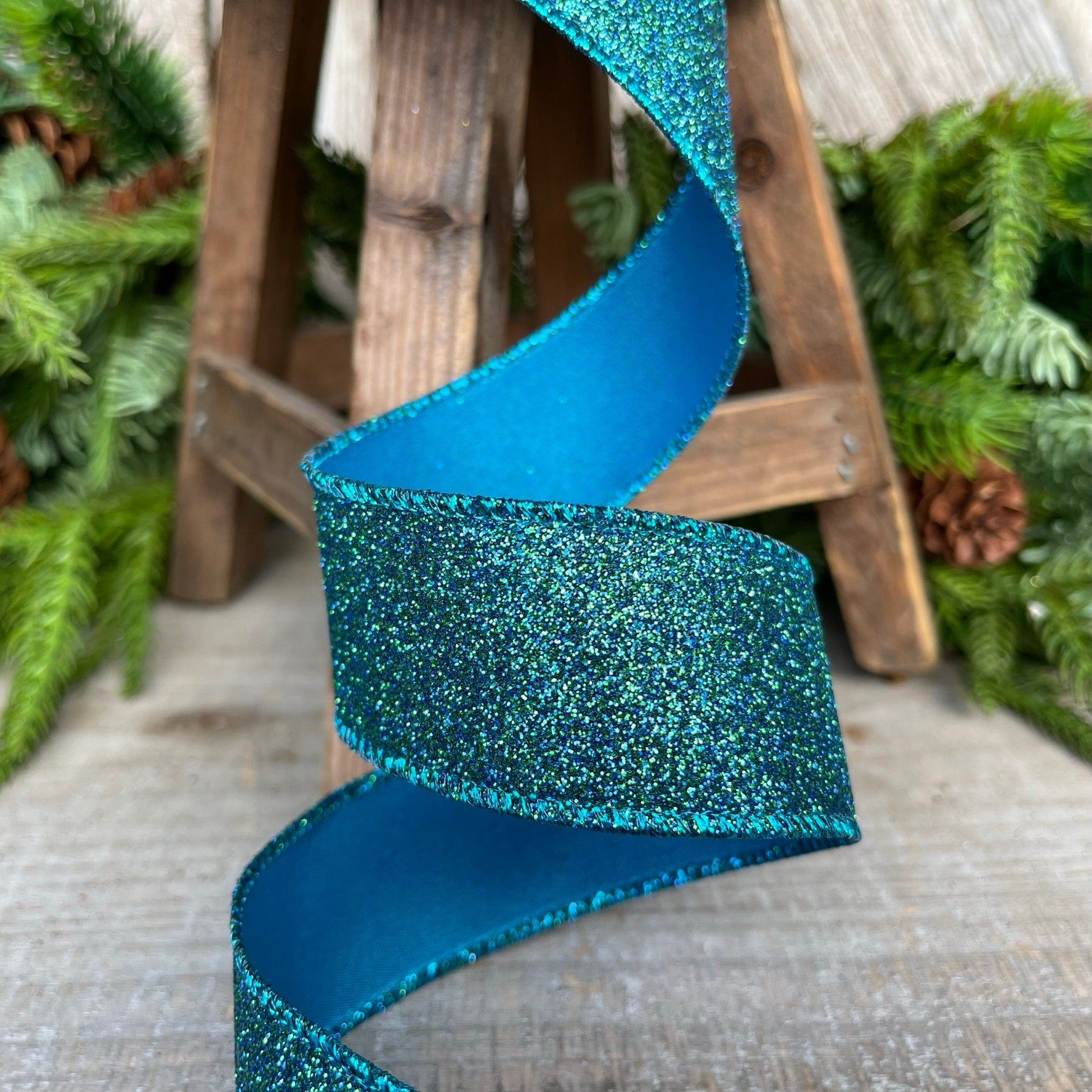 1.5" Peacock Turquoise Ribbon, Farrisilk Ribbon, Diamond DUst Ribbon