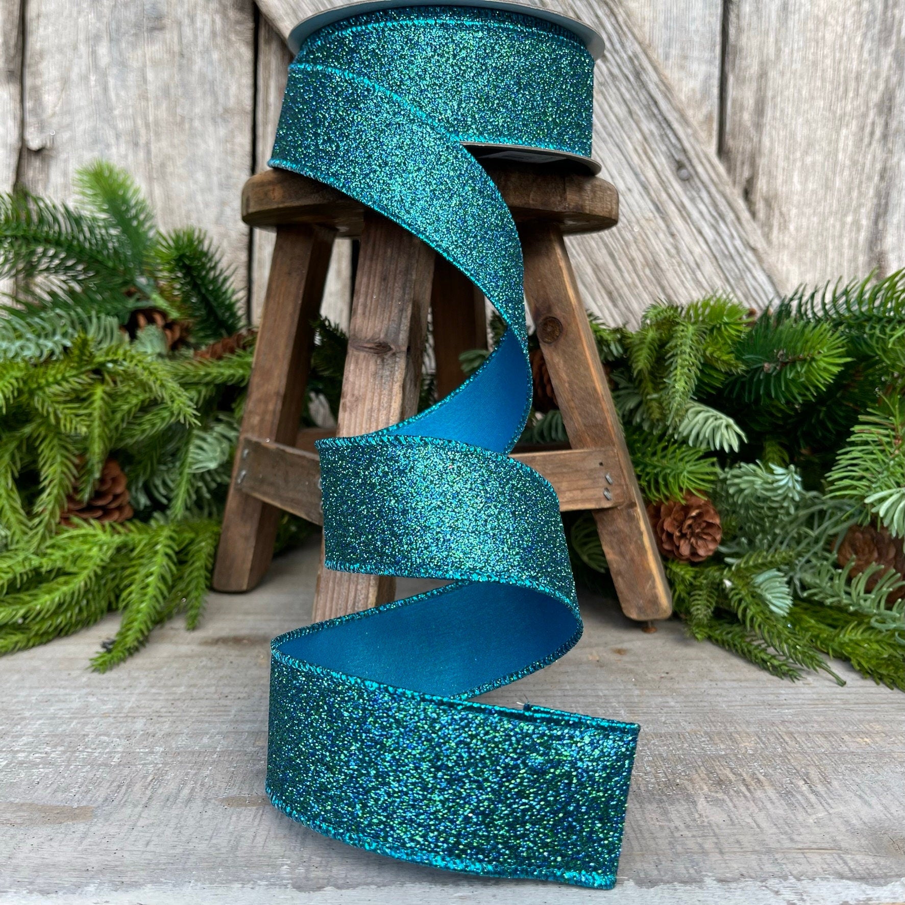 1.5" Peacock Turquoise Ribbon, Farrisilk Ribbon, Diamond DUst Ribbon