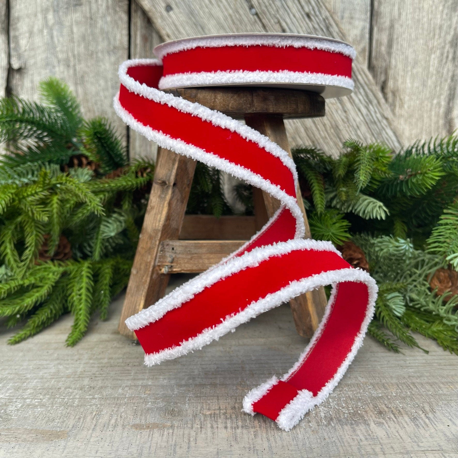 1" Santa Trim Wired RIbbon, Farrisilk Ribbon, White Furry Trim