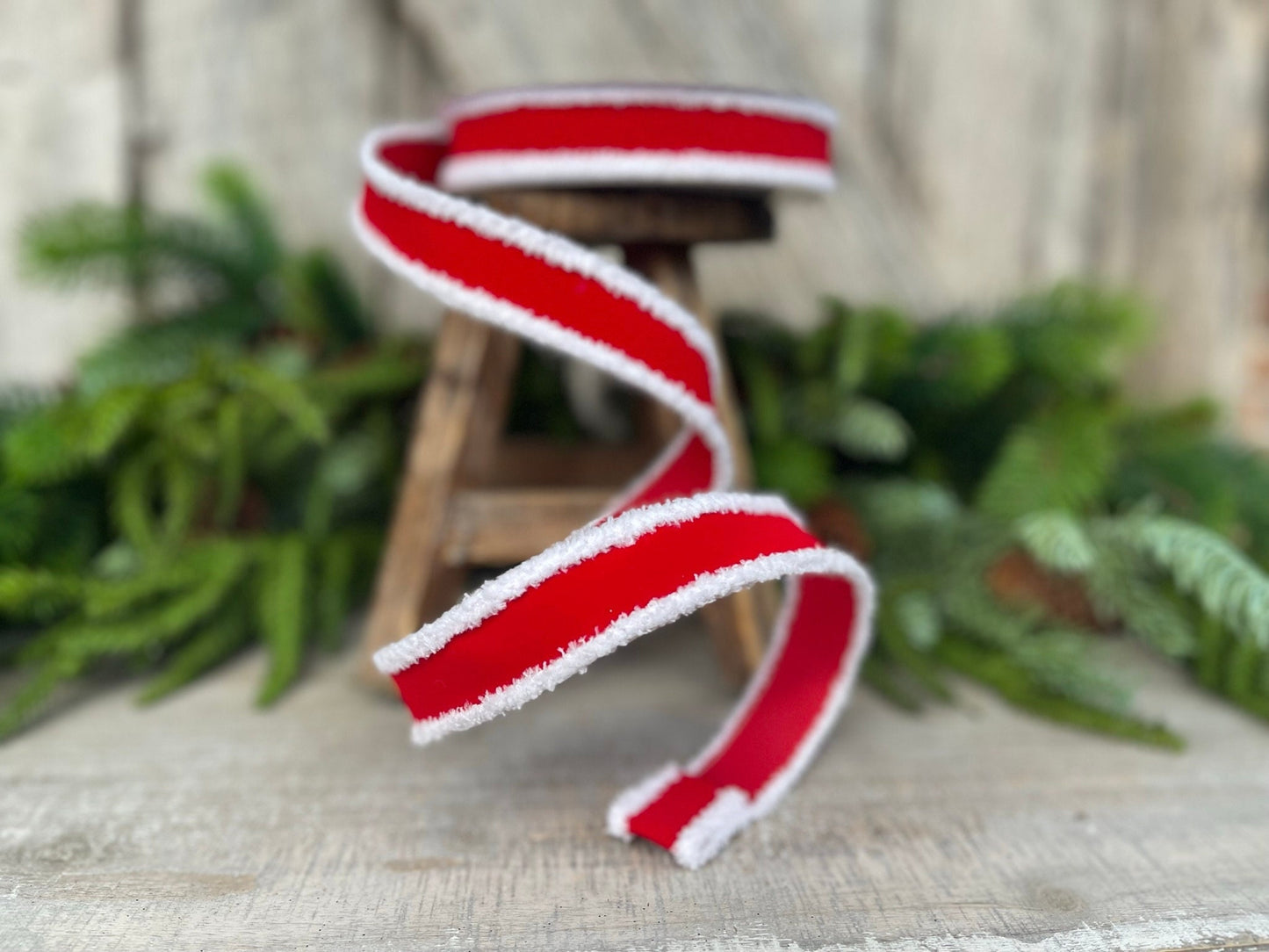 1" Santa Trim Wired RIbbon, Farrisilk Ribbon, White Furry Trim