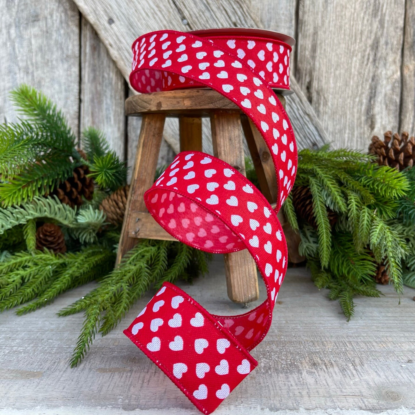 1.5" Mini Hearts Ribbon, Farrisilk Ribbon, Red and White Heart Ribbon