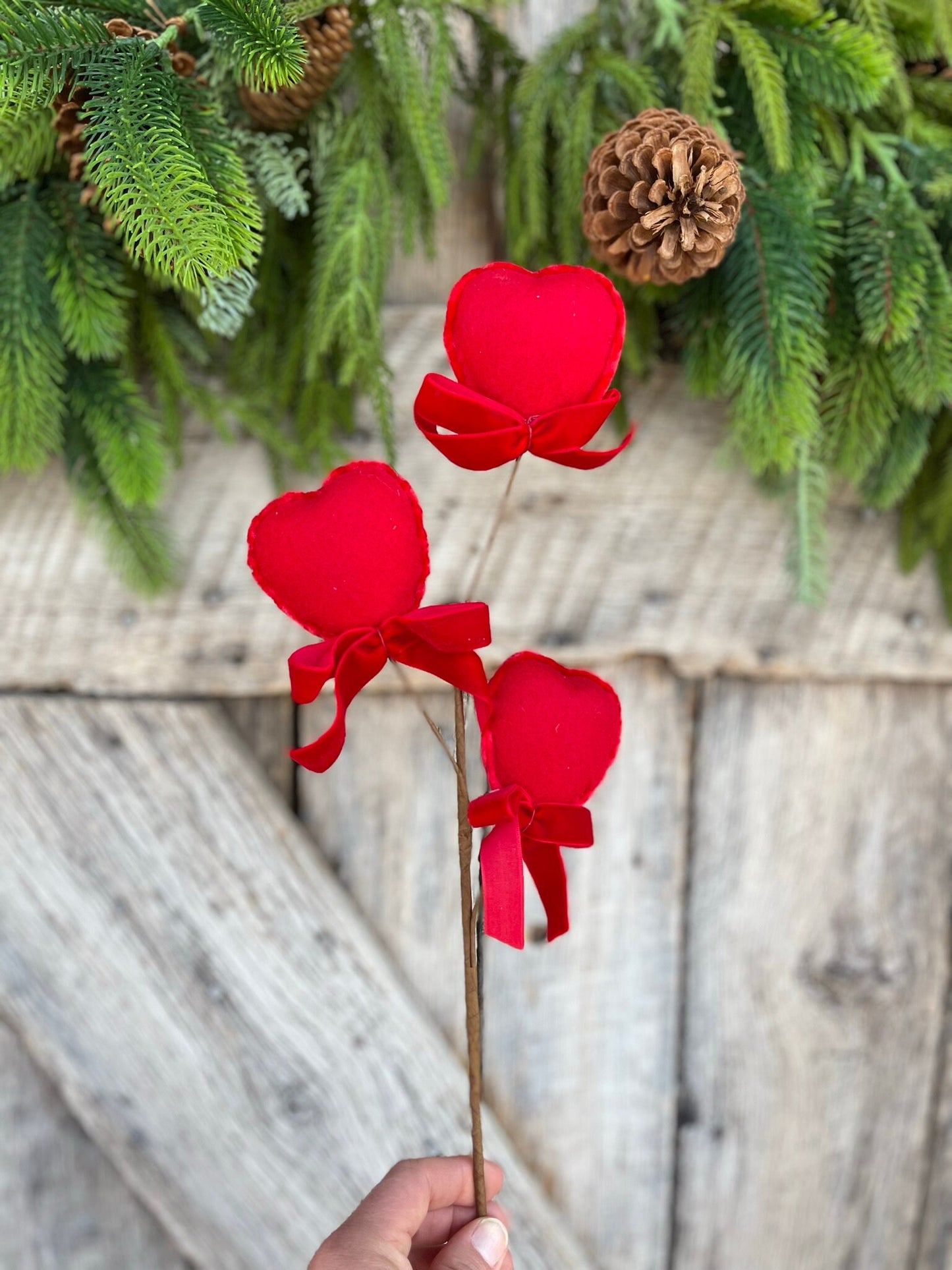 21" FELT HEART PICK, Red Heart Spray, Valentine Spray