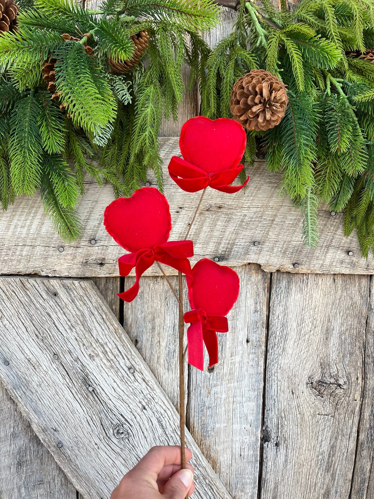 21" FELT HEART PICK, Red Heart Spray, Valentine Spray