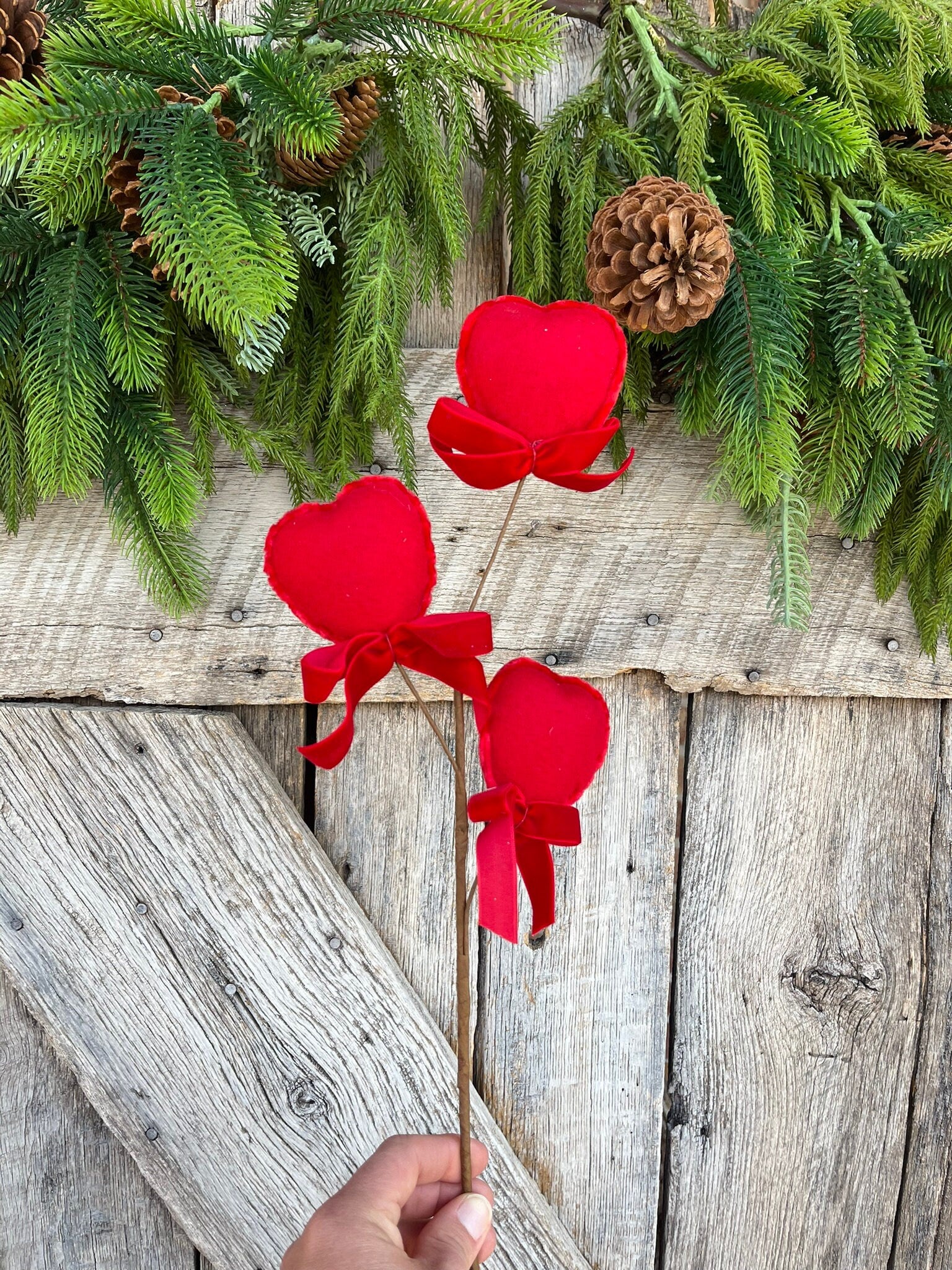 21" FELT HEART PICK, Red Heart Spray, Valentine Spray