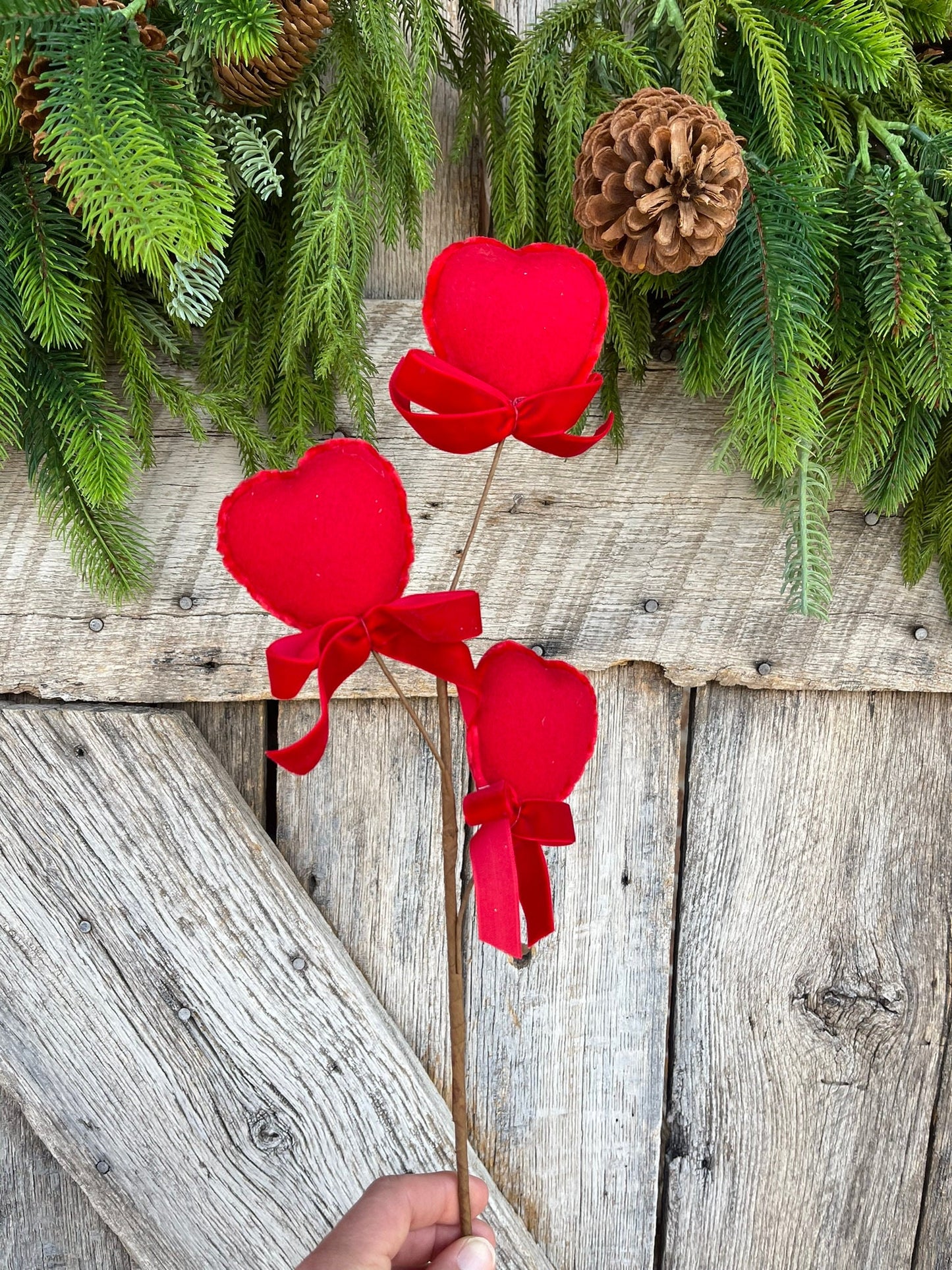 21" FELT HEART PICK, Red Heart Spray, Valentine Spray