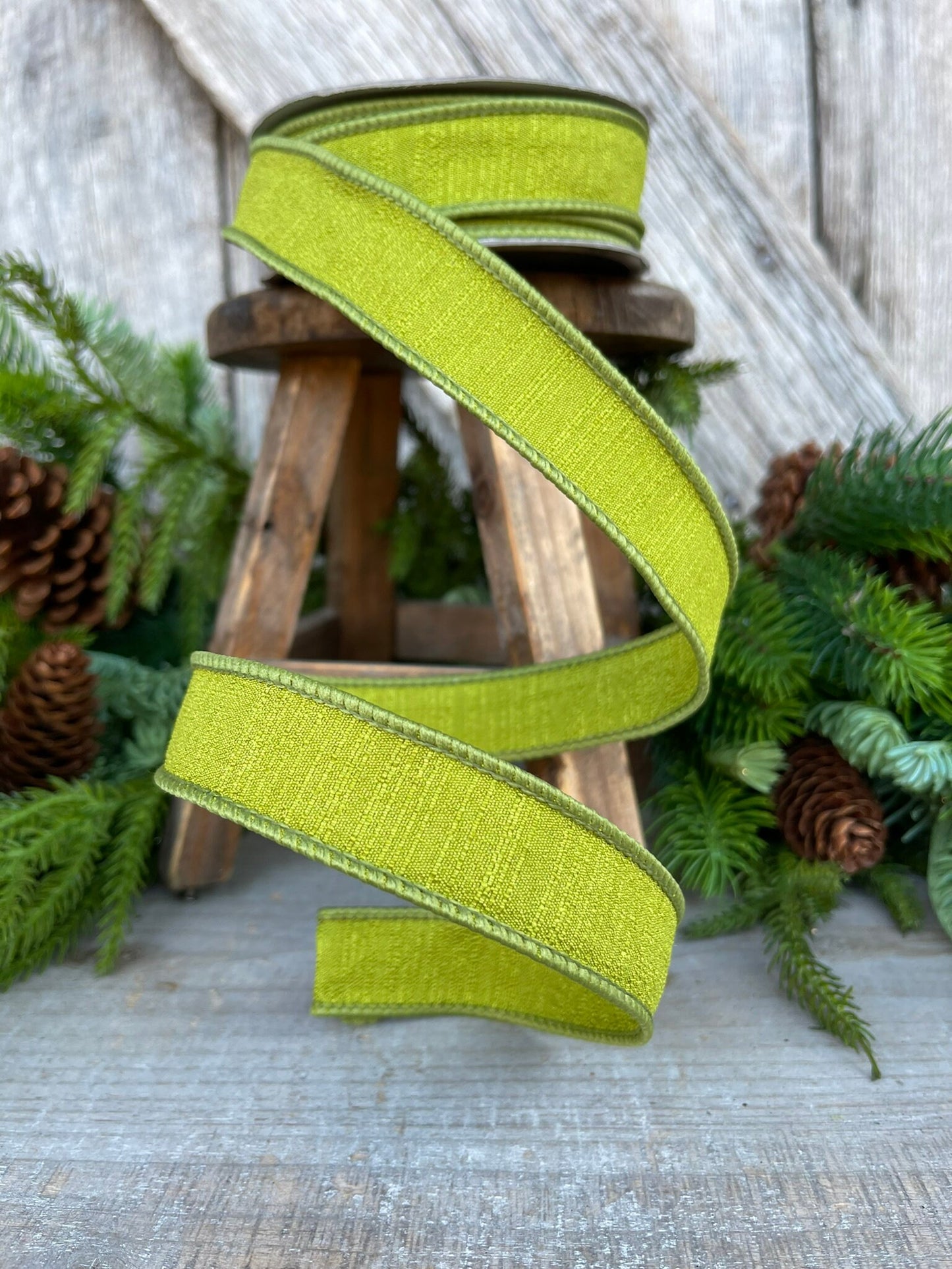 1" Olive Ribbon, Farrisilk Shabby Silk, 1 inch ribbon